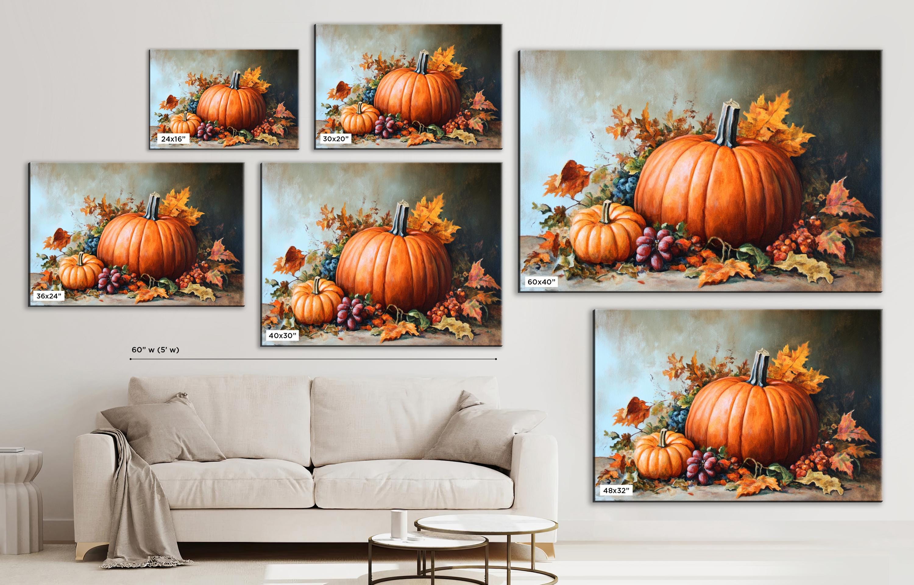 The image is a collage of six paintings depicting pumpkins and autumn leaves on a table.