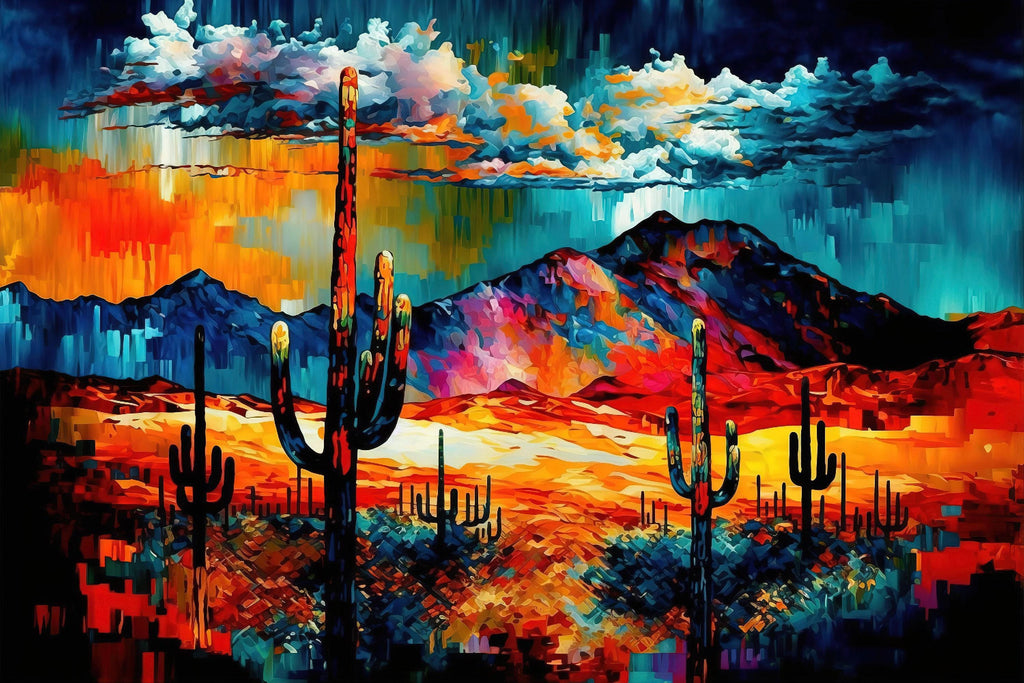 The image is a vibrant, colorful painting depicting a desert landscape with towering cacti in the foreground and a majestic mountain range in the background. The painting features a mix of warm and cool colors, creating a striking and visually captivating scene.