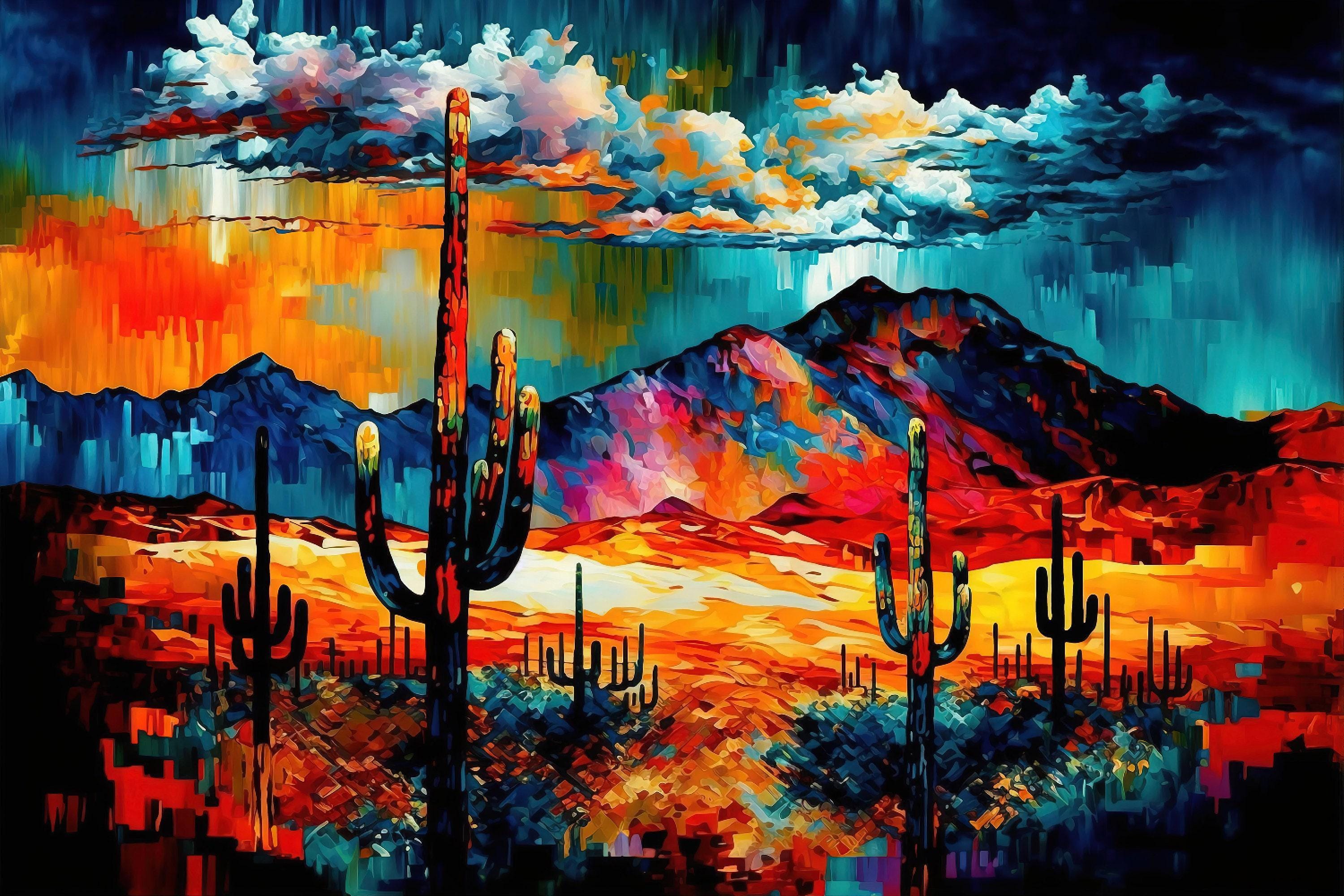 The image is a vibrant, colorful painting depicting a desert landscape with towering cacti in the foreground and a majestic mountain range in the background. The painting features a mix of warm and cool colors, creating a striking and visually captivating scene.