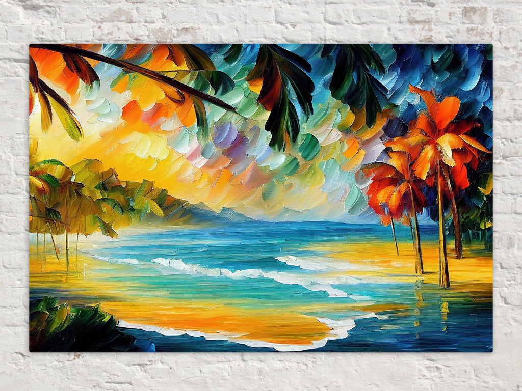 Tropical Beach Canvas – Vibrant Ocean Artwork on Wooden Frame, UV Coated Print