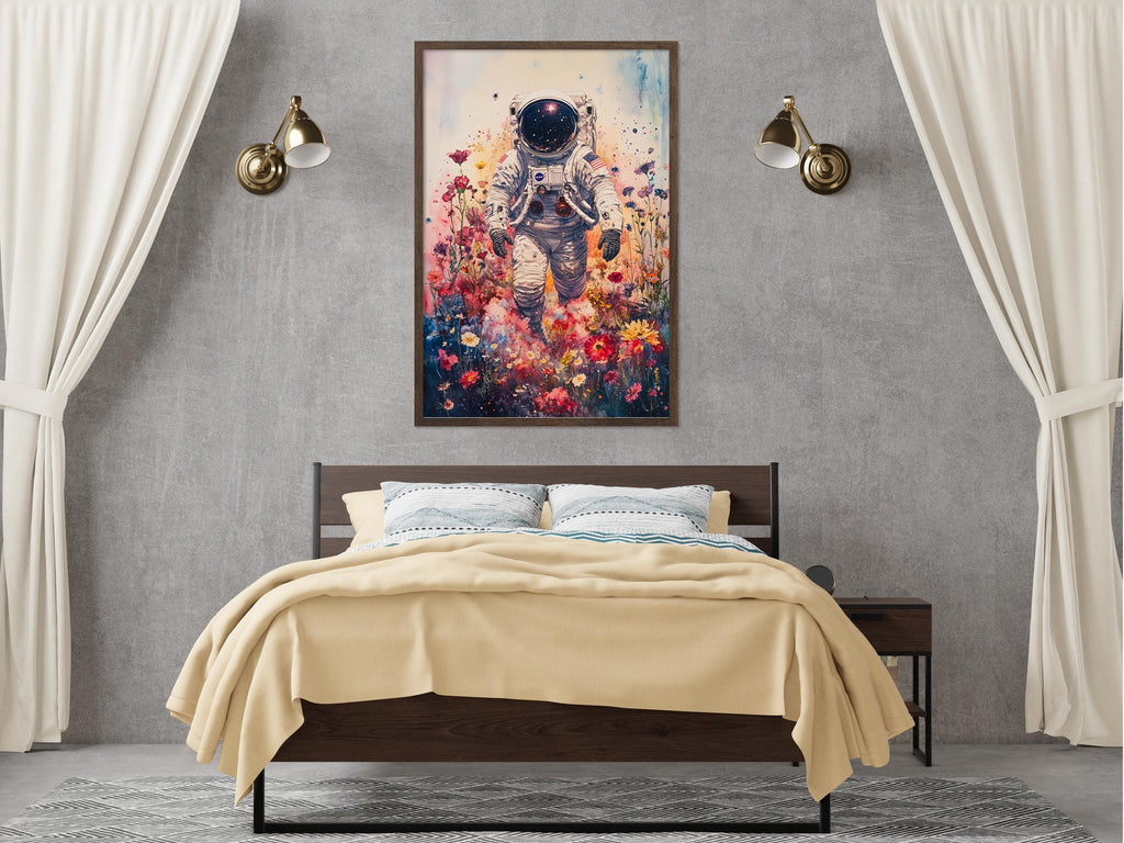 a bedroom with a large bed, a nightstand, and a framed painting of an astronaut floating in a colorful flower field above the bed.