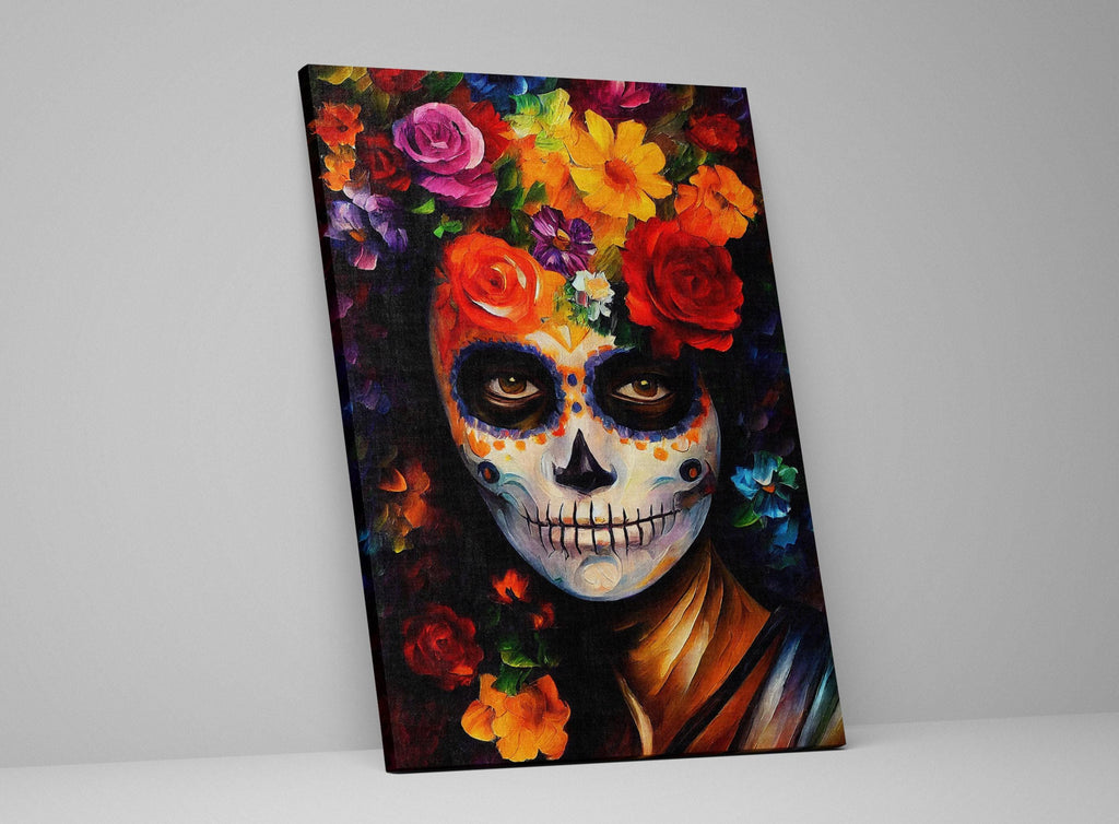 Sugar Skull Woman Canvas – Vibrant Day of the Dead Art | Floral Skull Print