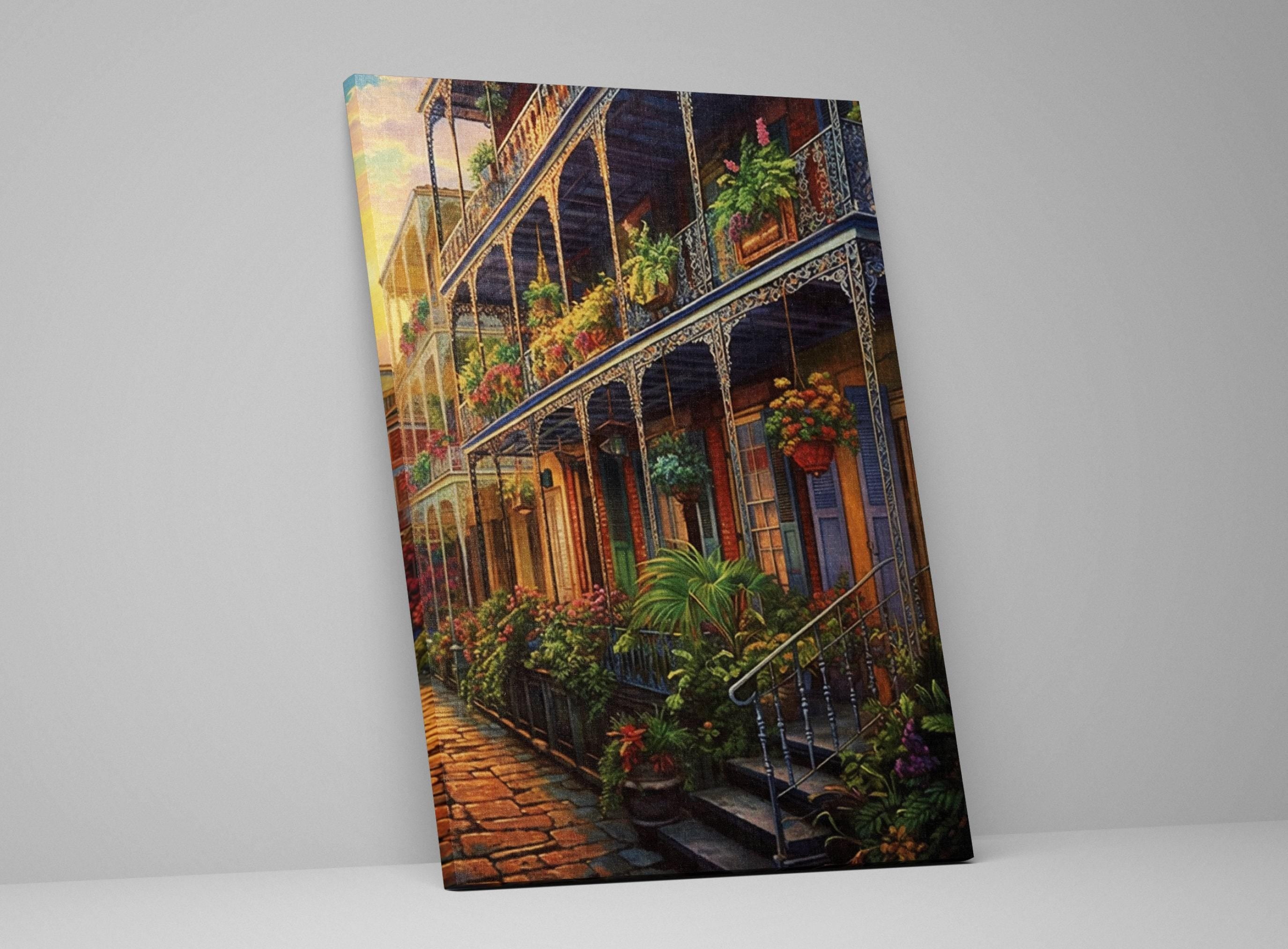 New Orleans Canvas Art – French Quarter Painting on Large Framed Canvas with Wood Frame