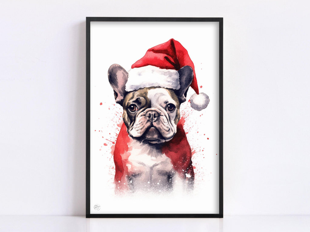 Christmas French Bulldog - Watercolor Frenchie Art, Giclee Print on Canvas, Artist Paper, Watercolor Paper, Available in Extra Large Sizes