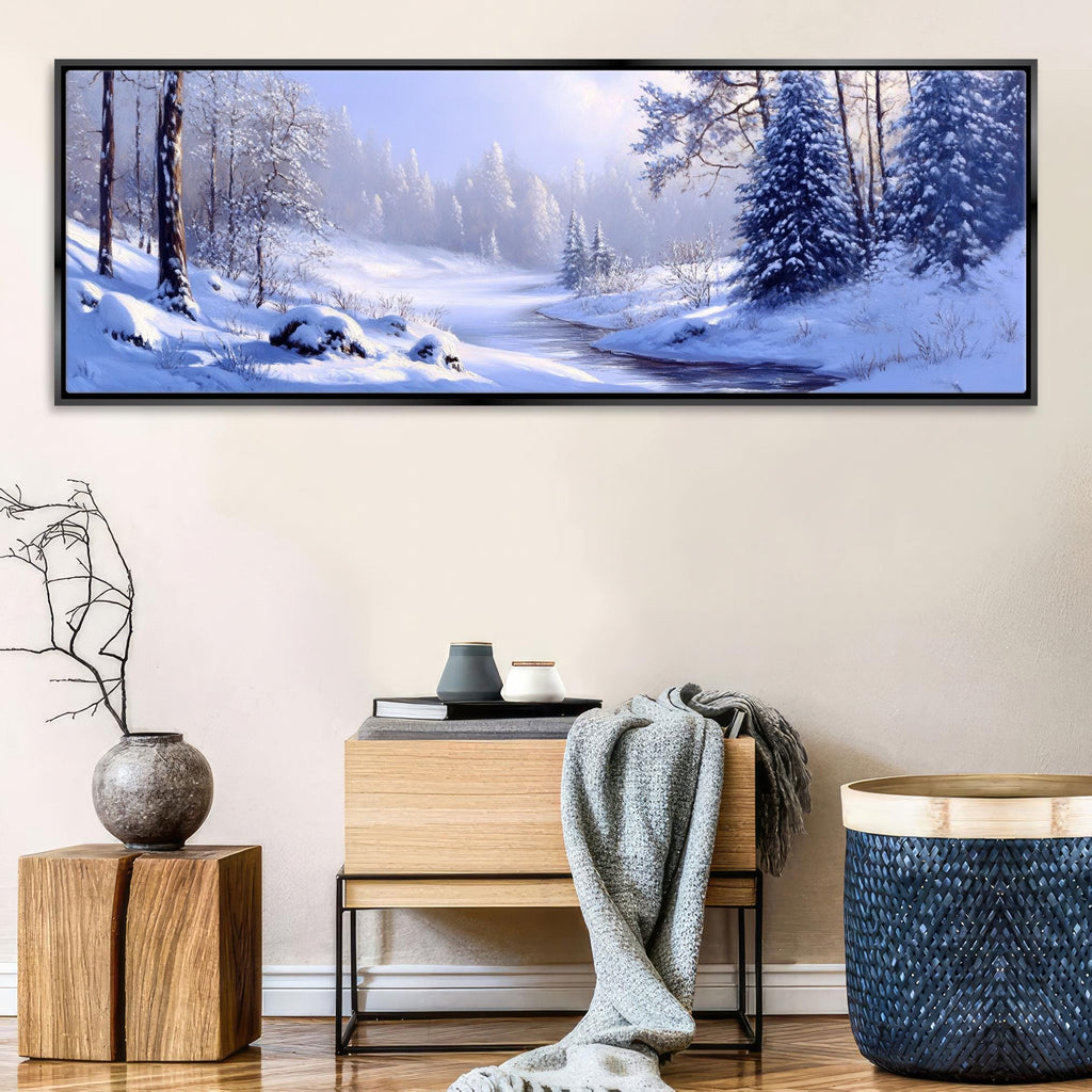 a painting of a snowy landscape with trees