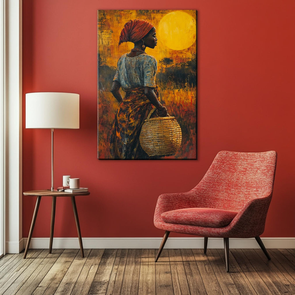 a painting on a red wall of a woman carrying a basket