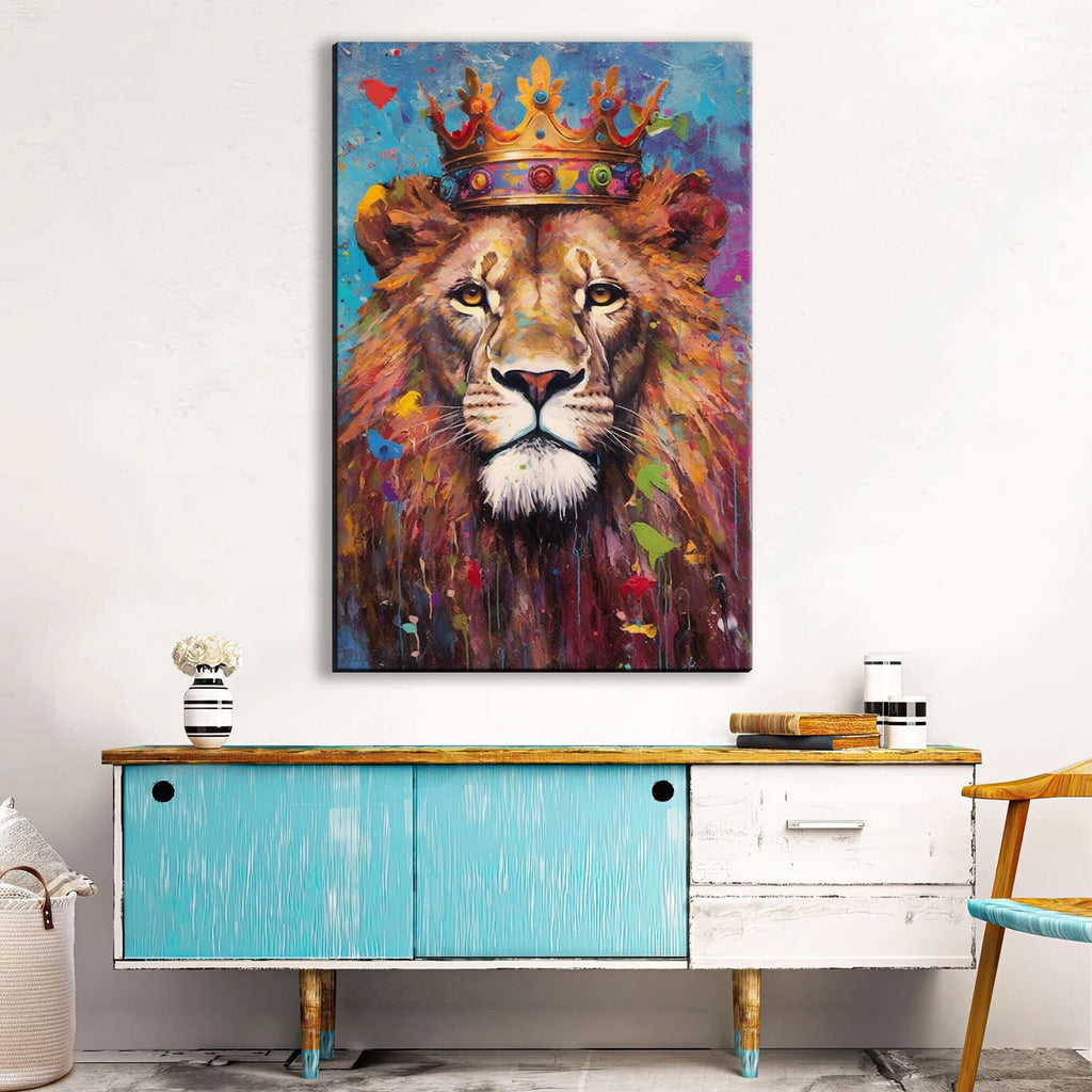 Lion Canvas Art – Large Gallery Wrapped Canvas with Majestic Lion Crown Painting