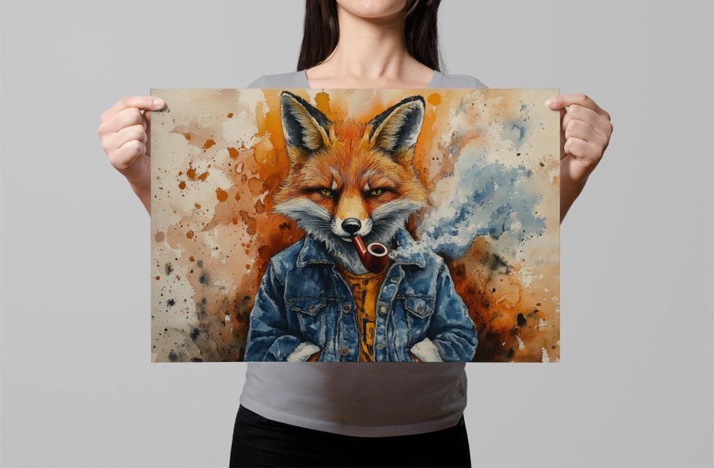 A woman holds up a framed print featuring a painting of a fox wearing a denim jacket and smoking a pipe.