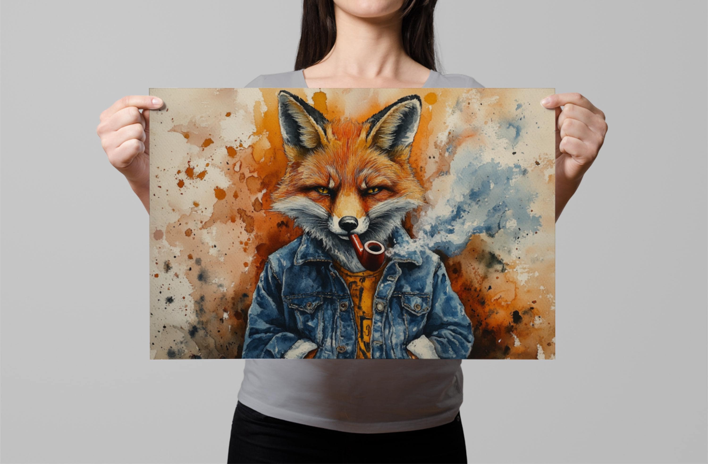 A woman holds up a framed print featuring a painting of a fox wearing a denim jacket and smoking a pipe.