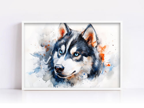 A framed watercolor painting depicting a close-up portrait of a husky dog with striking blue eyes and a black and white fur pattern.