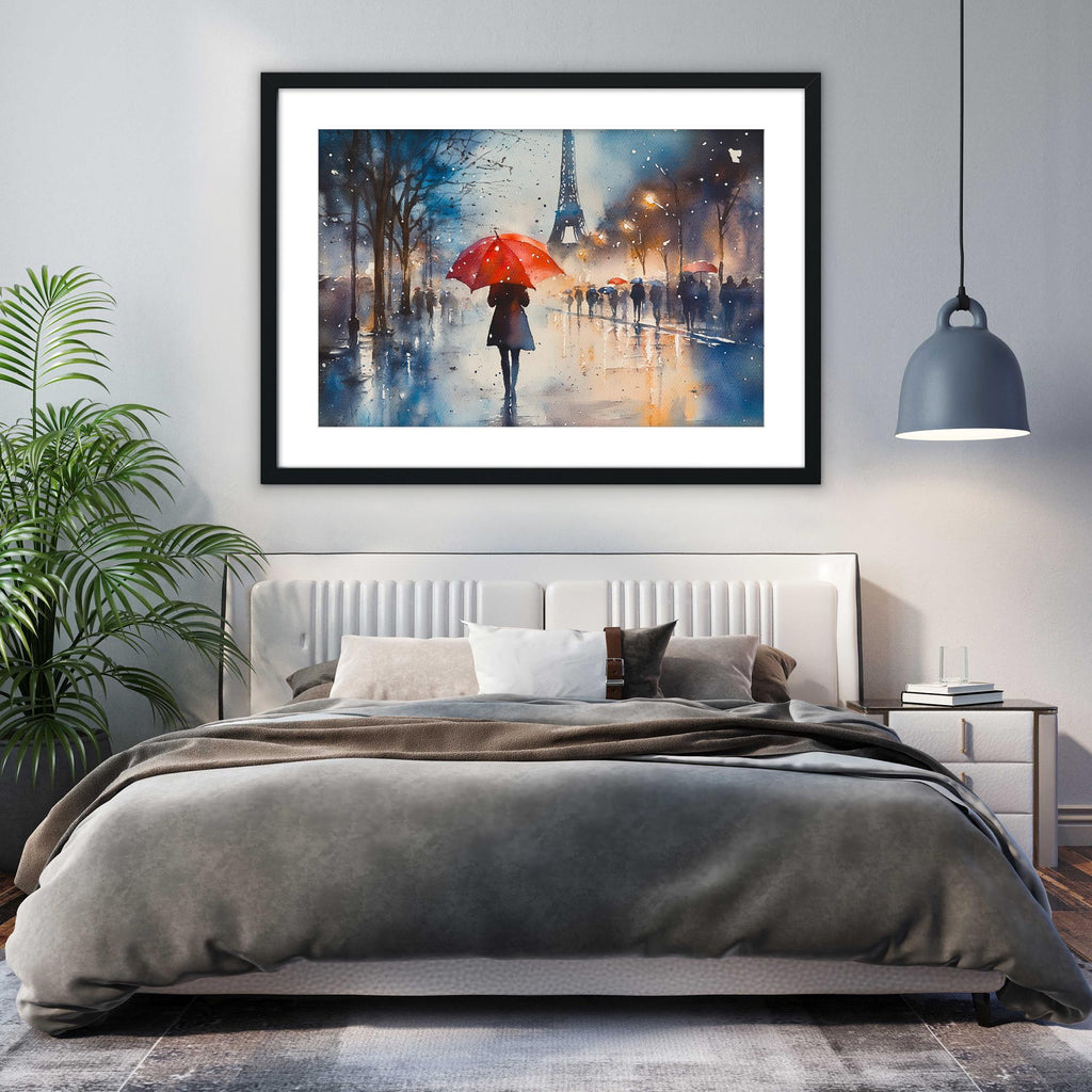 a serene bedroom scene with a large bed, a framed painting of a person walking in the rain with an umbrella, and a potted plant on the left side of the room.