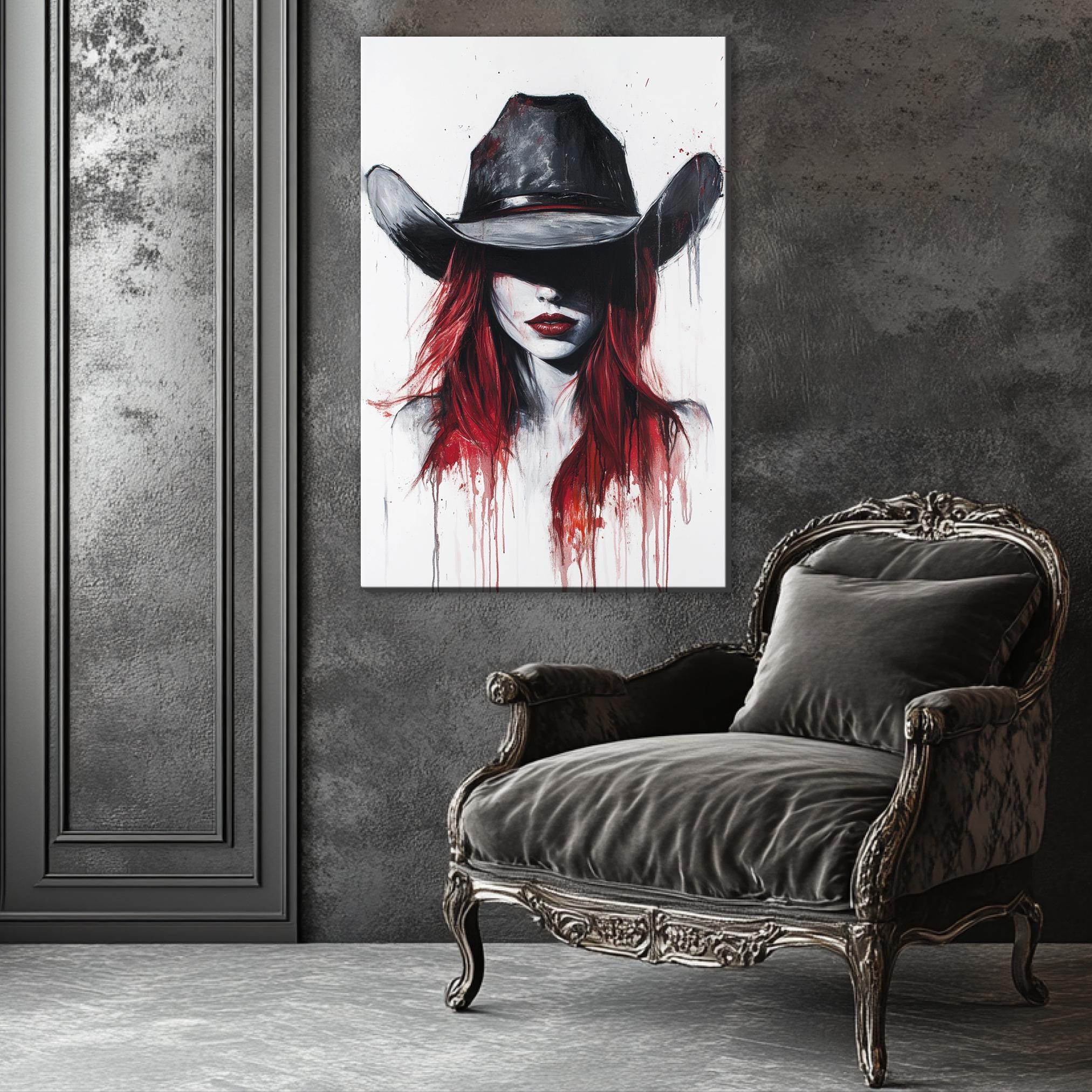 a painting of a woman with red hair wearing a cowboy hat