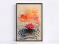 A framed painting depicting a red lotus flower floating on a rippled surface, with a watercolor-like effect and splashes of orange and red in the background.