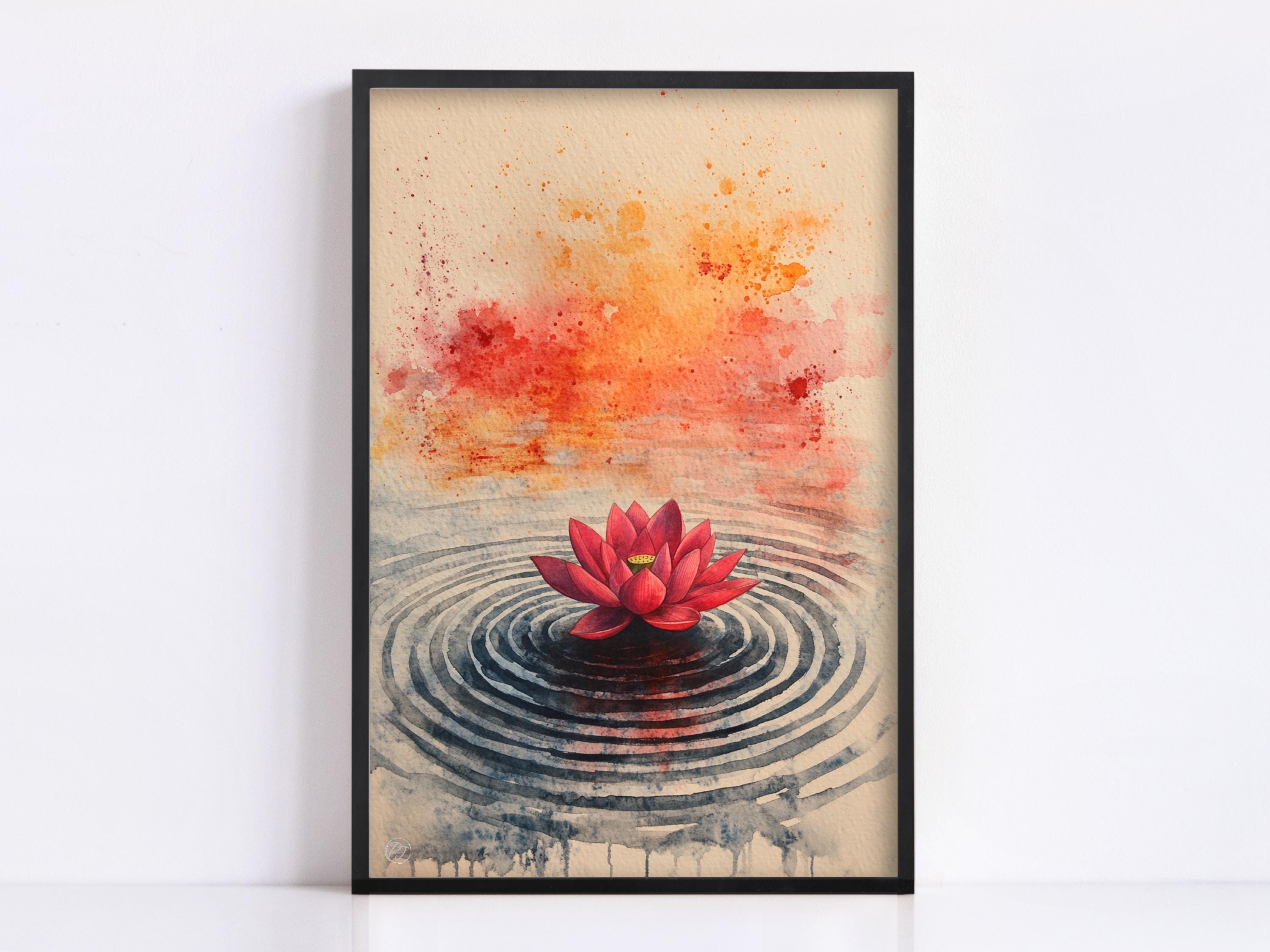 A framed painting depicting a red lotus flower floating on a rippled surface, with a watercolor-like effect and splashes of orange and red in the background.