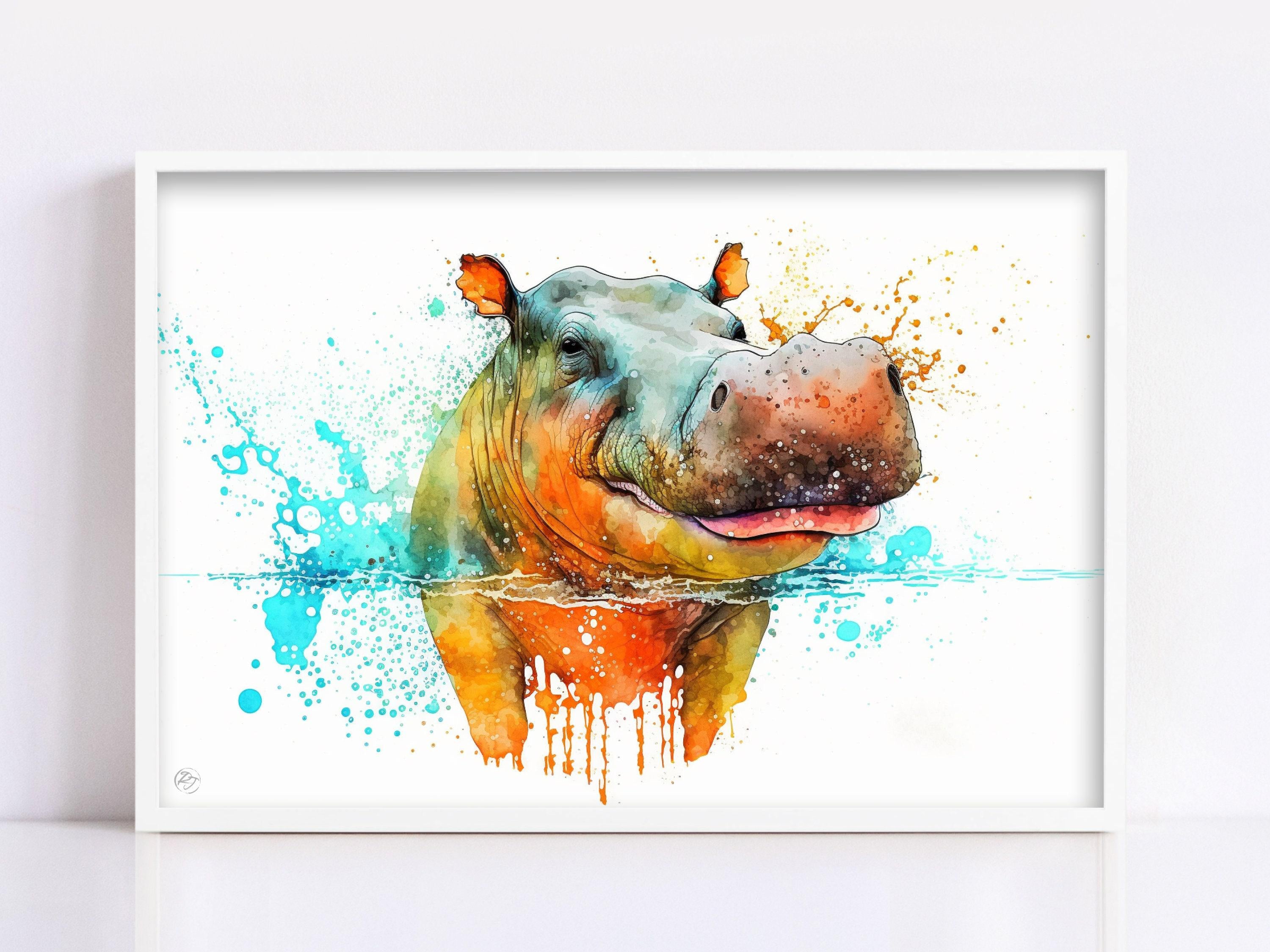 Hippopotamus Portrait: Watercolor Hippo Wall Decor, Giclee Print on Canvas, Artist Paper, Watercolor Paper, Available in Extra Large Sizes