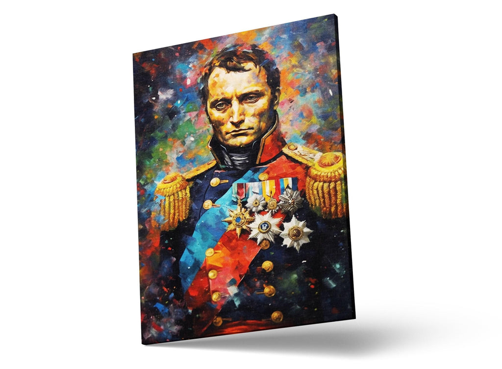The image is a painting of a man wearing a military uniform with gold epaulettes and medals, set against a colorful background.