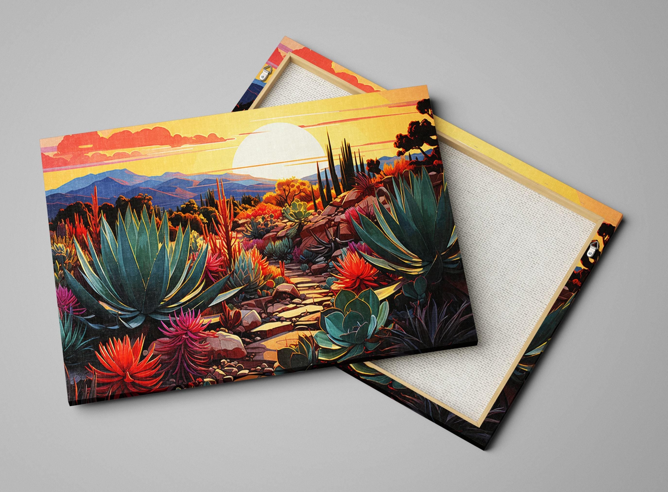 a vibrant desert landscape with a variety of colorful cacti and succulents, set against a backdrop of mountains and a stunning sunset.