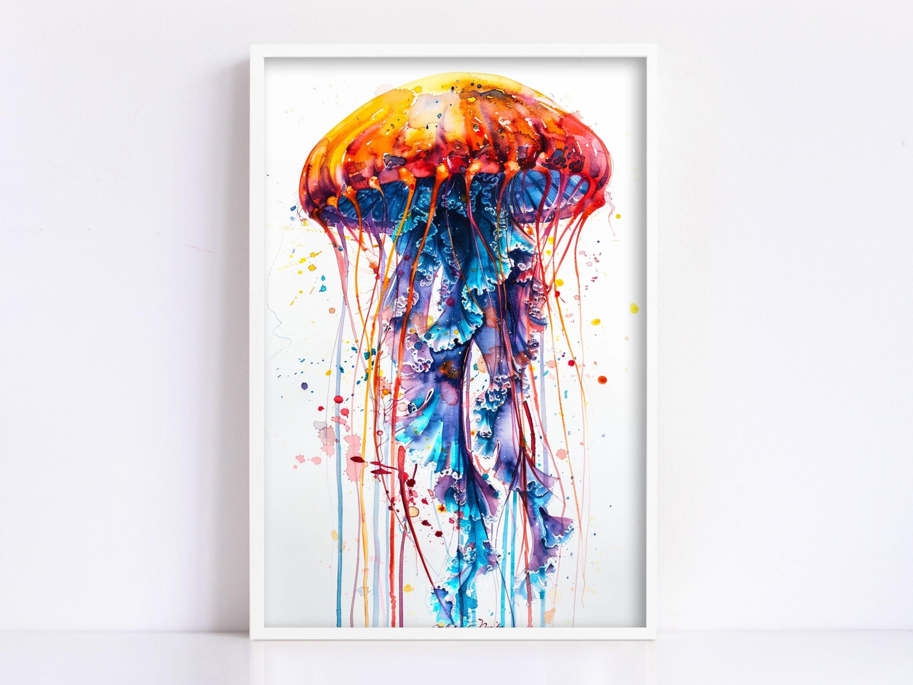 Abstract Floating Jellyfish Watercolor Wall Decor, Giclee Print on Canvas, Artist Paper, Watercolor Paper, Available in Extra Large Sizes