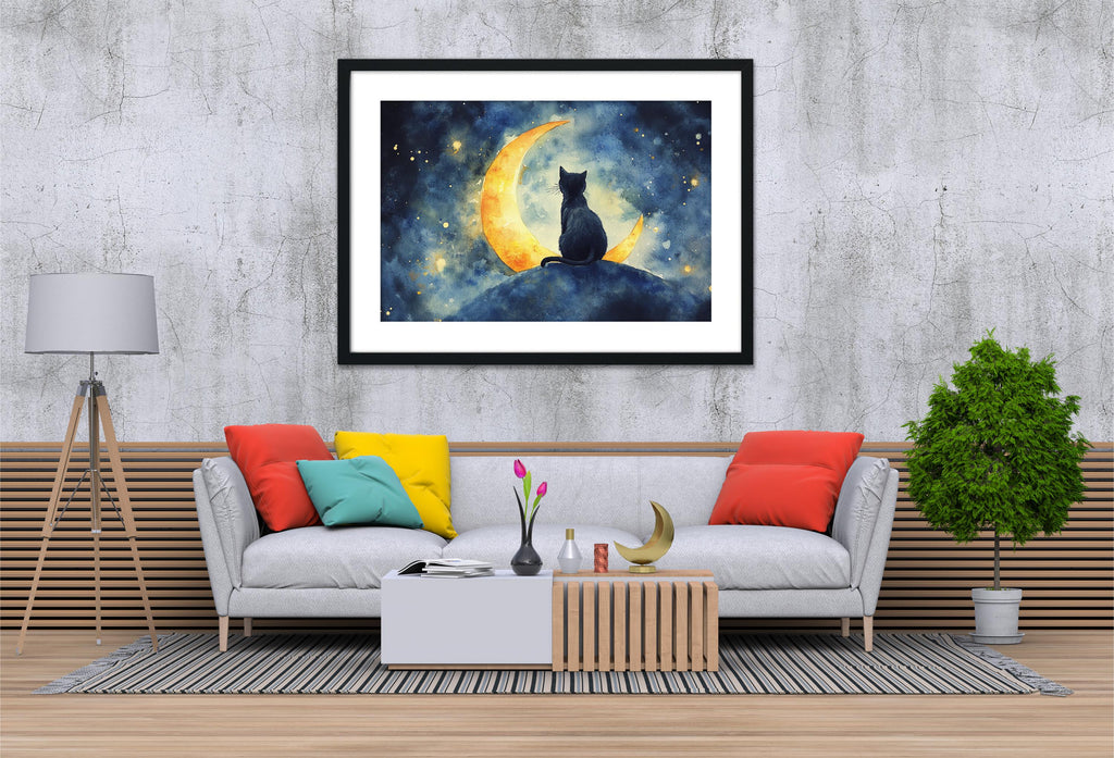 a cozy living room with a gray sofa adorned with colorful pillows, a wooden coffee table, and a framed painting of a cat sitting on a crescent moon. The painting is hung on a gray wall above the sofa, creating a serene and inviting atmosphere.