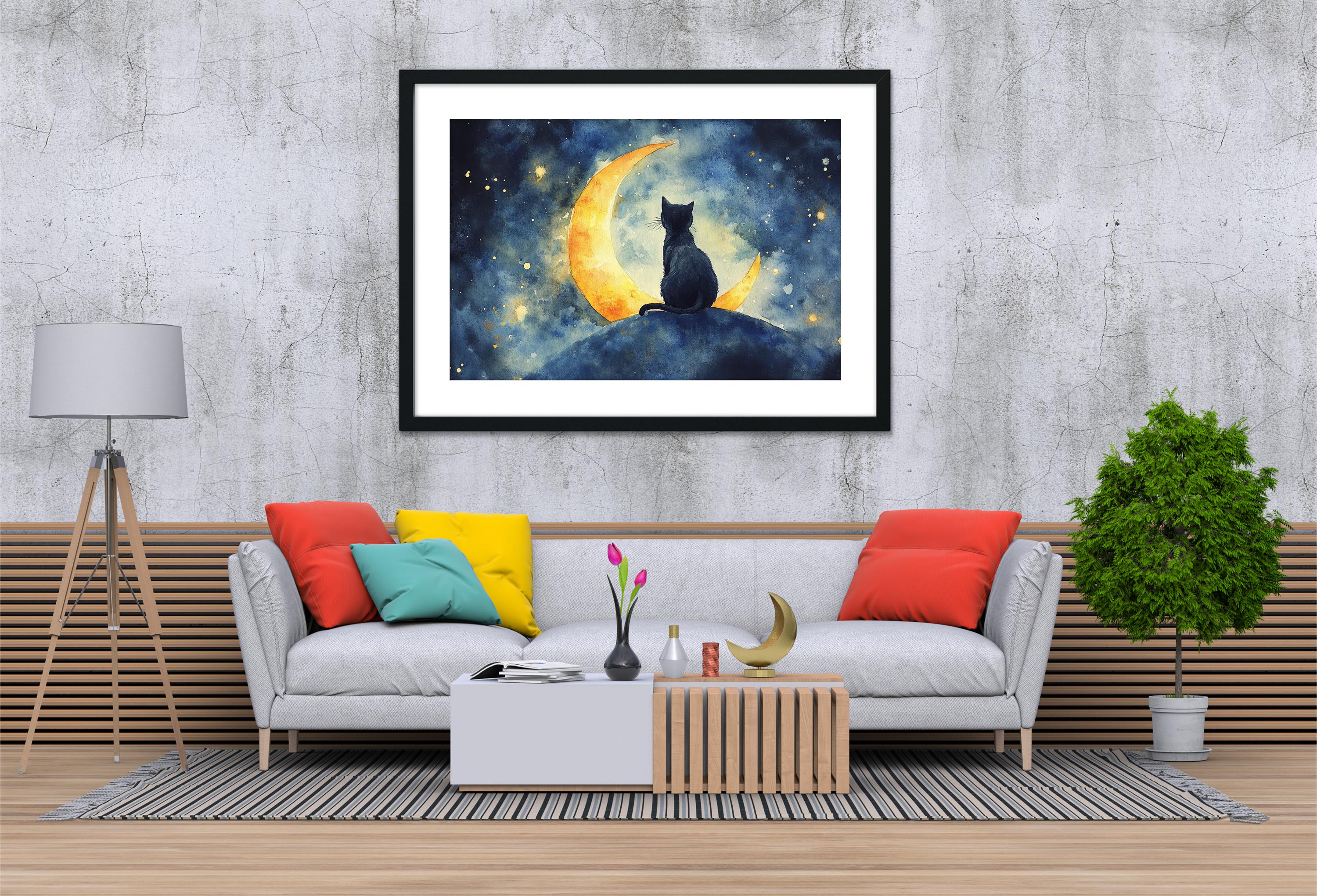 a cozy living room with a gray sofa adorned with colorful pillows, a wooden coffee table, and a framed painting of a cat sitting on a crescent moon. The painting is hung on a gray wall above the sofa, creating a serene and inviting atmosphere.