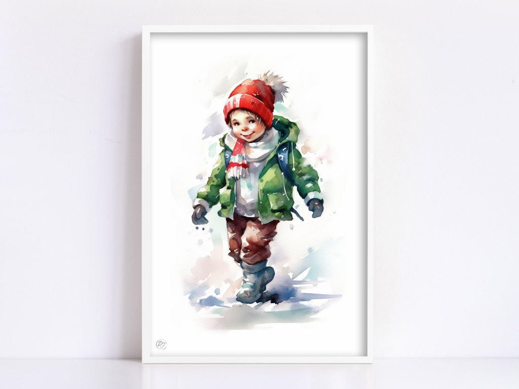 Joyful Christmas Child - Festive Holiday Watercolor, Giclee Print on Canvas, Artist Paper, Watercolor Paper, Available in Extra Large Sizes