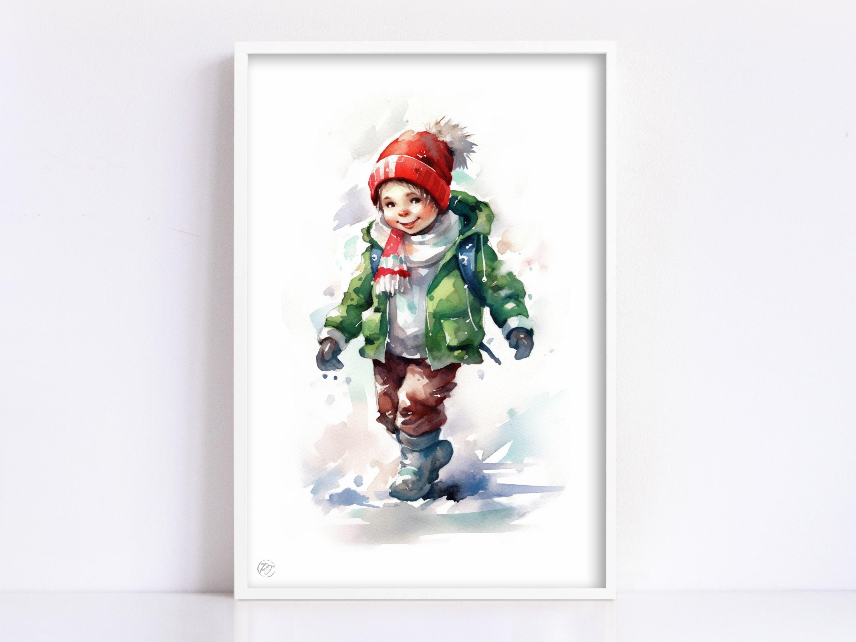 Joyful Christmas Child - Festive Holiday Watercolor, Giclee Print on Canvas, Artist Paper, Watercolor Paper, Available in Extra Large Sizes