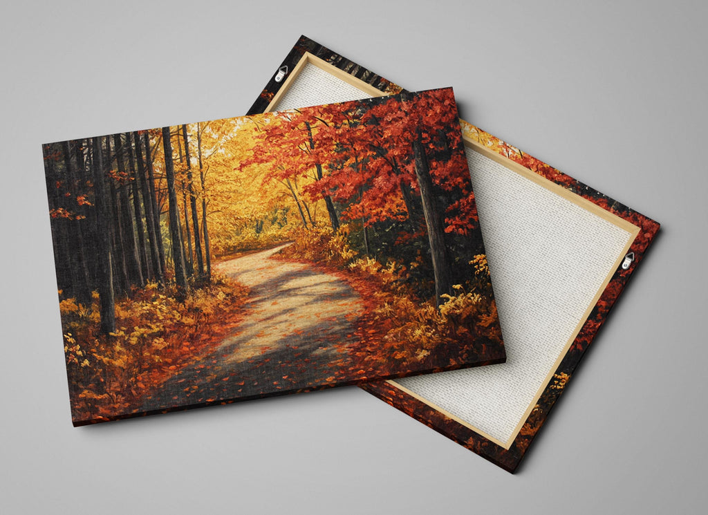 a scenic autumn landscape with a winding path surrounded by trees with vibrant orange and red leaves.