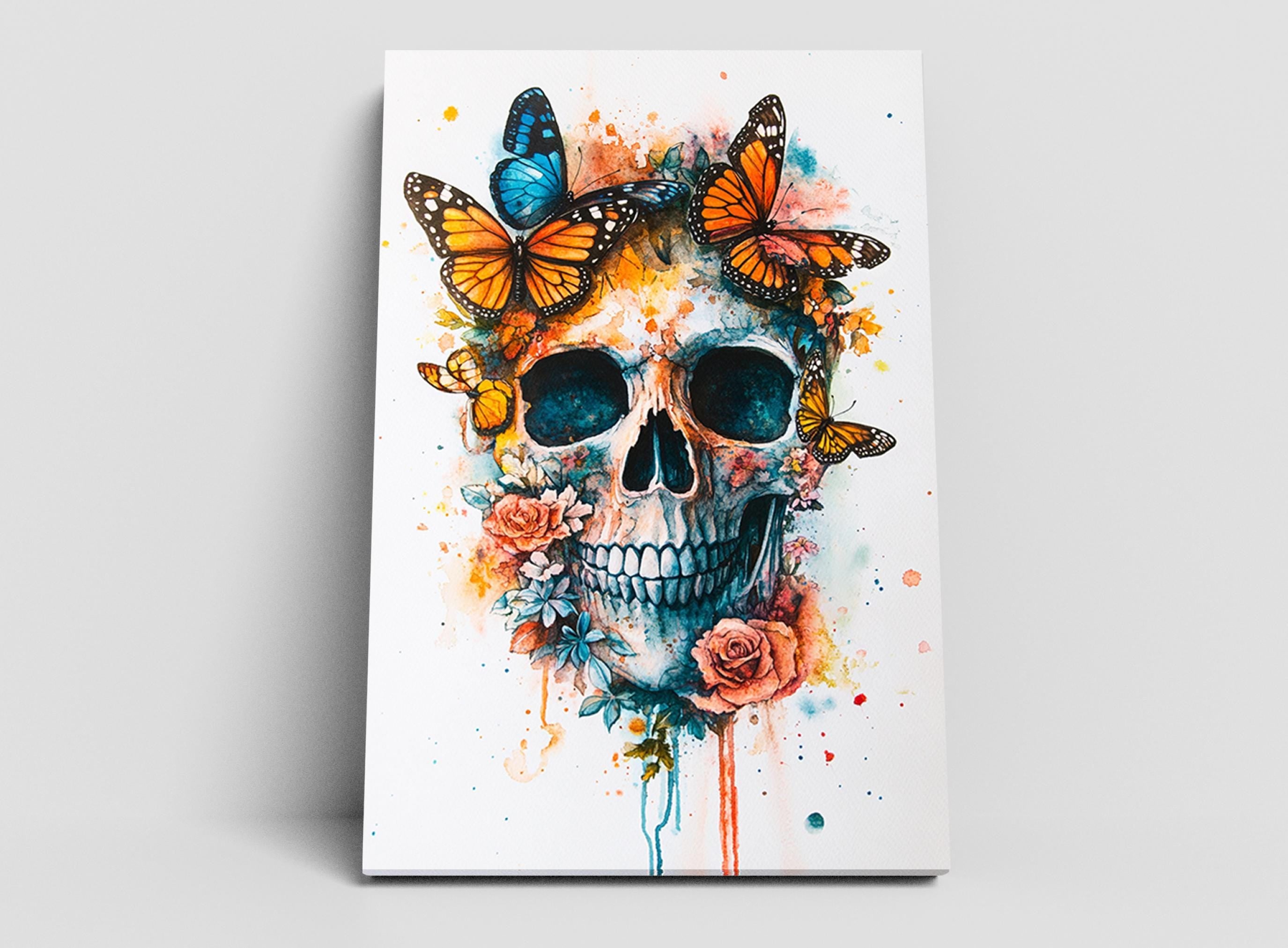 The image is a vibrant and colorful painting of a skull adorned with butterflies and flowers, creating a striking and artistic composition.