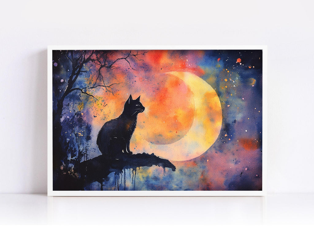 A black cat sitting on a branch, silhouetted against a vibrant, colorful night sky with a crescent moon.
