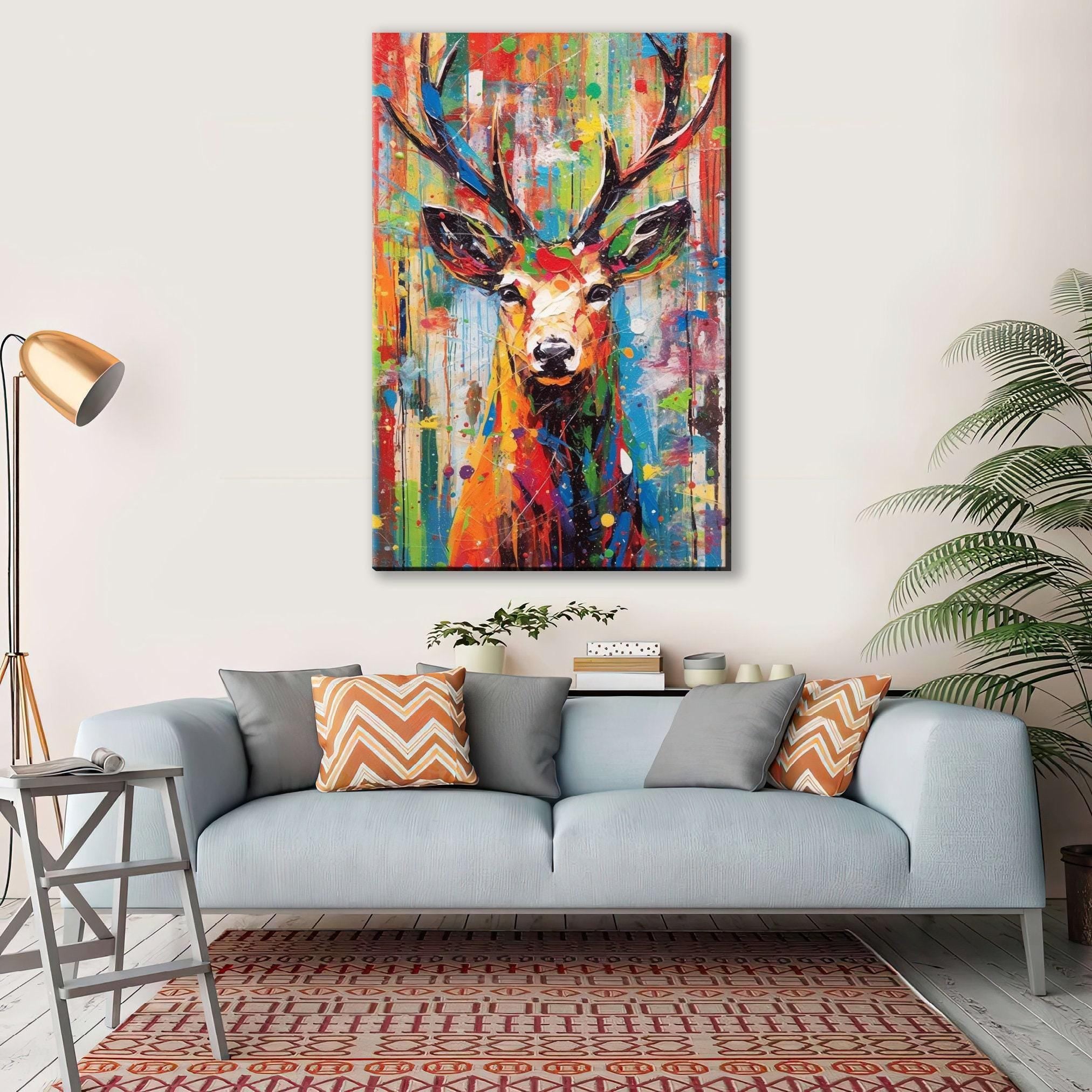 Christmas Reindeer Art - Colorful Pop Art Holiday Wall Decor | Extra Large Canvas Print
