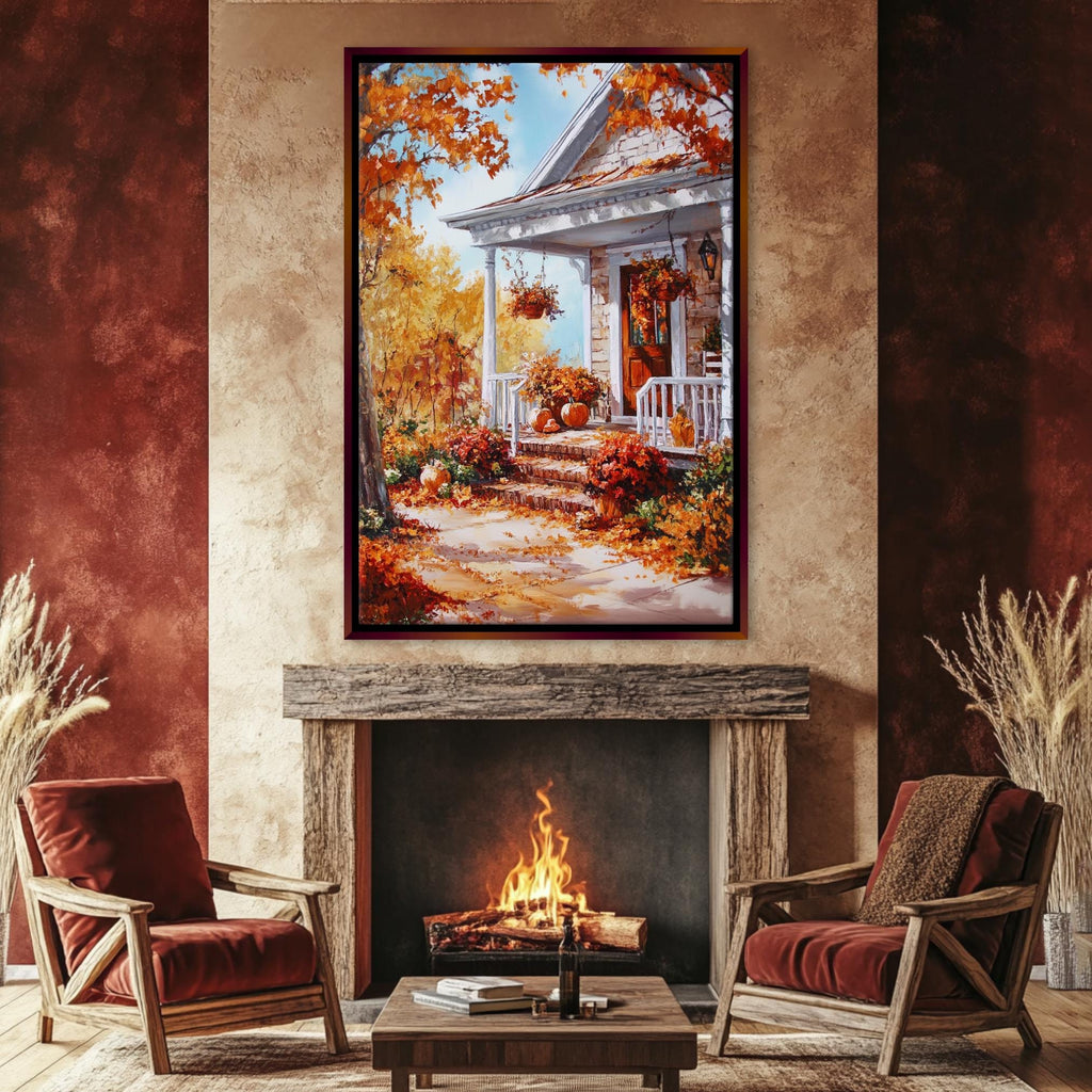a cozy living room with a fireplace, two red armchairs, and a large painting of a house with a porch and autumn foliage above the fireplace.