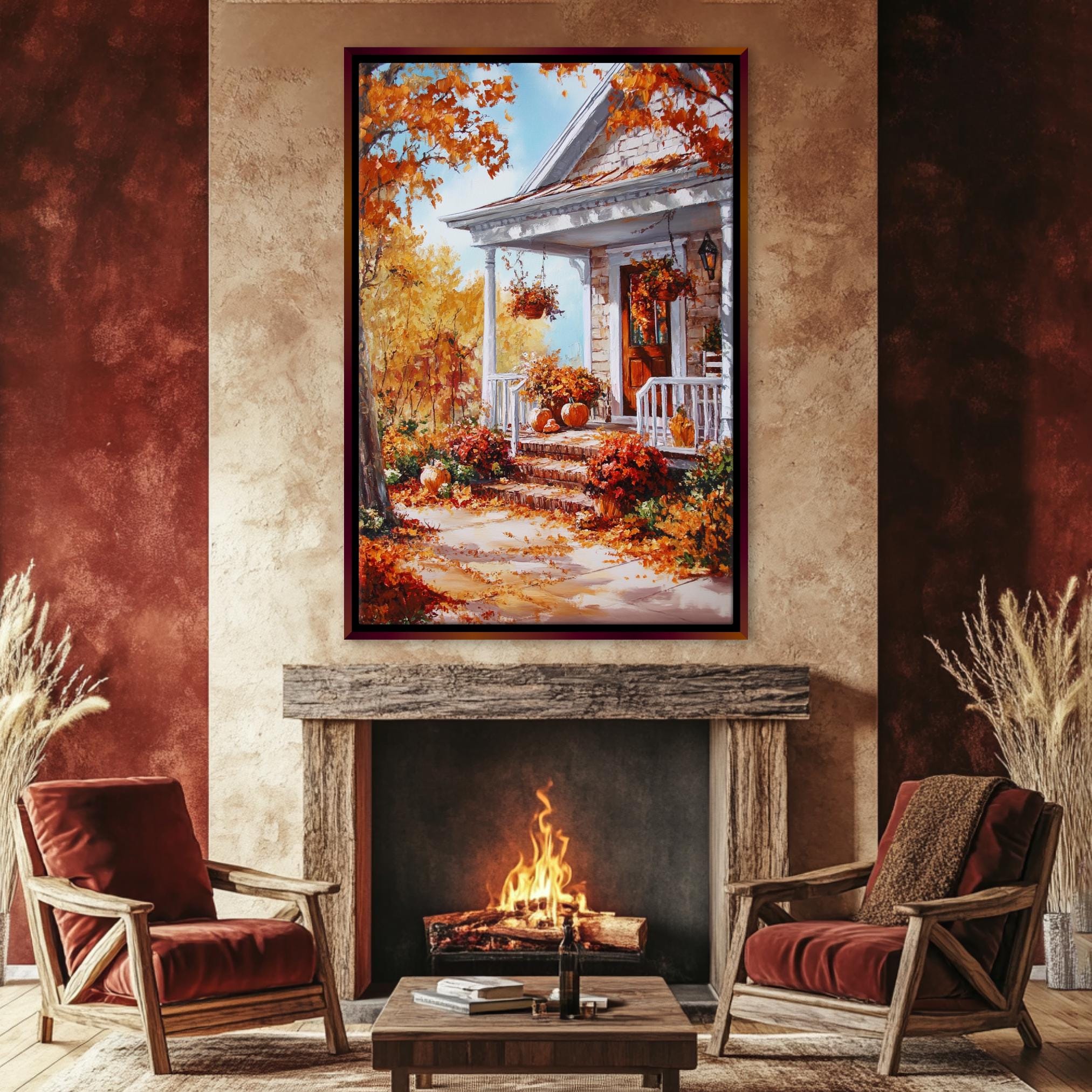 a cozy living room with a fireplace, two red armchairs, and a large painting of a house with a porch and autumn foliage above the fireplace.