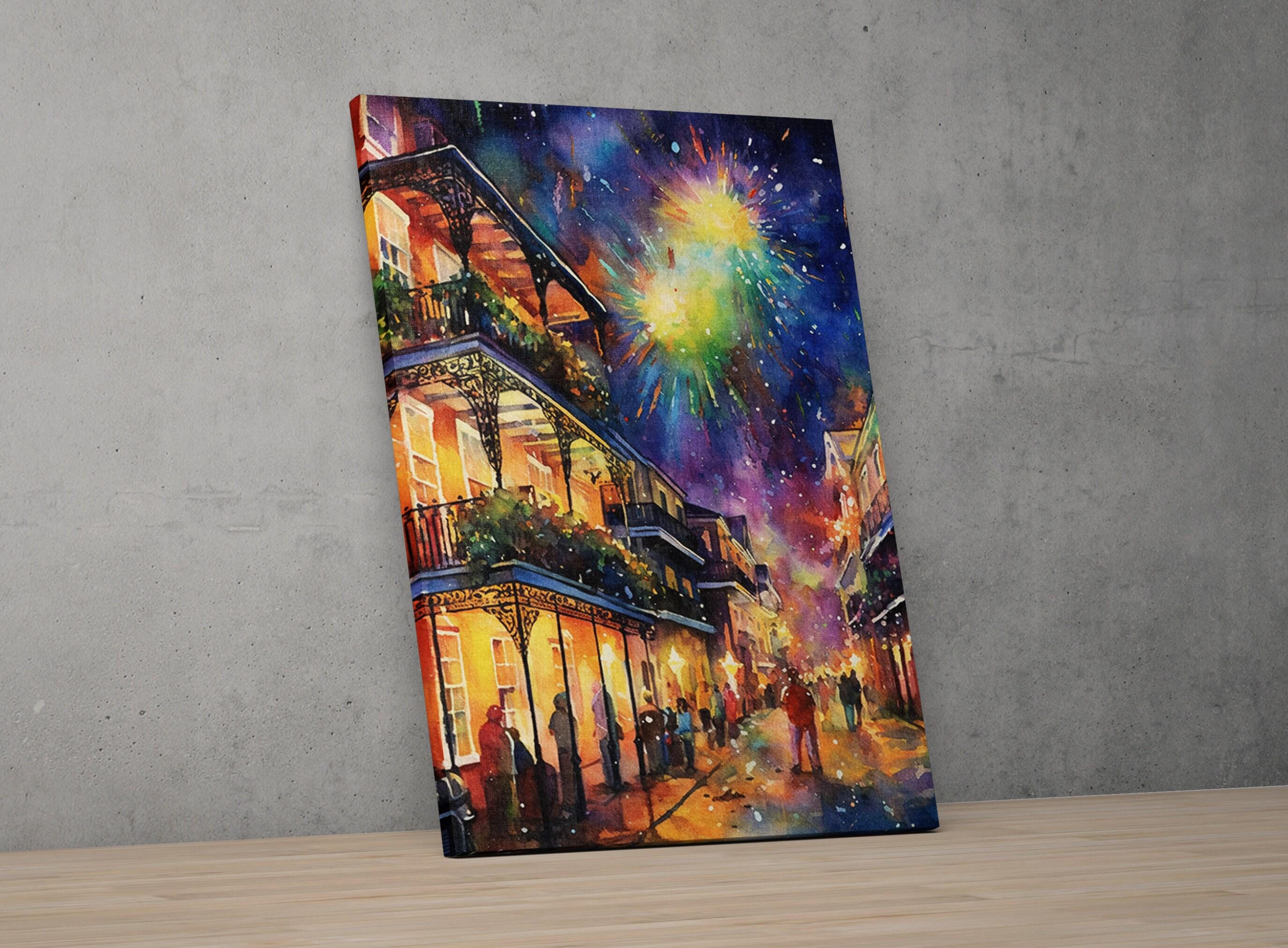 Vibrant Mardi Gras Night Celebration Watercolor –  Giclee Print on Canvas, Artist Paper, Watercolor Paper, Available in Extra Large Sizes