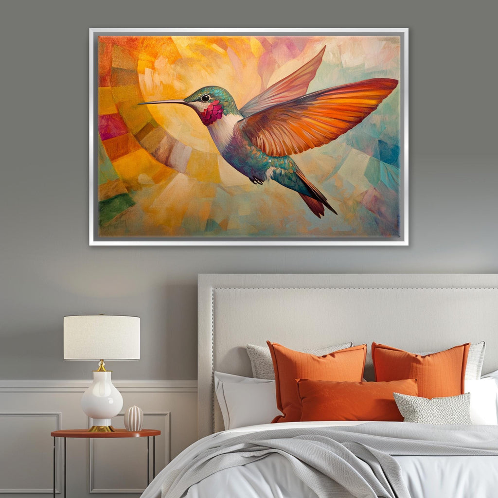 a painting of a hummingbird on a wall above a bed