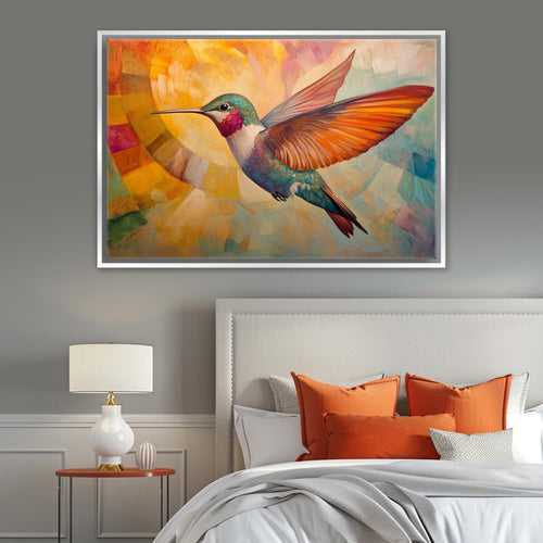 a painting of a hummingbird on a wall above a bed