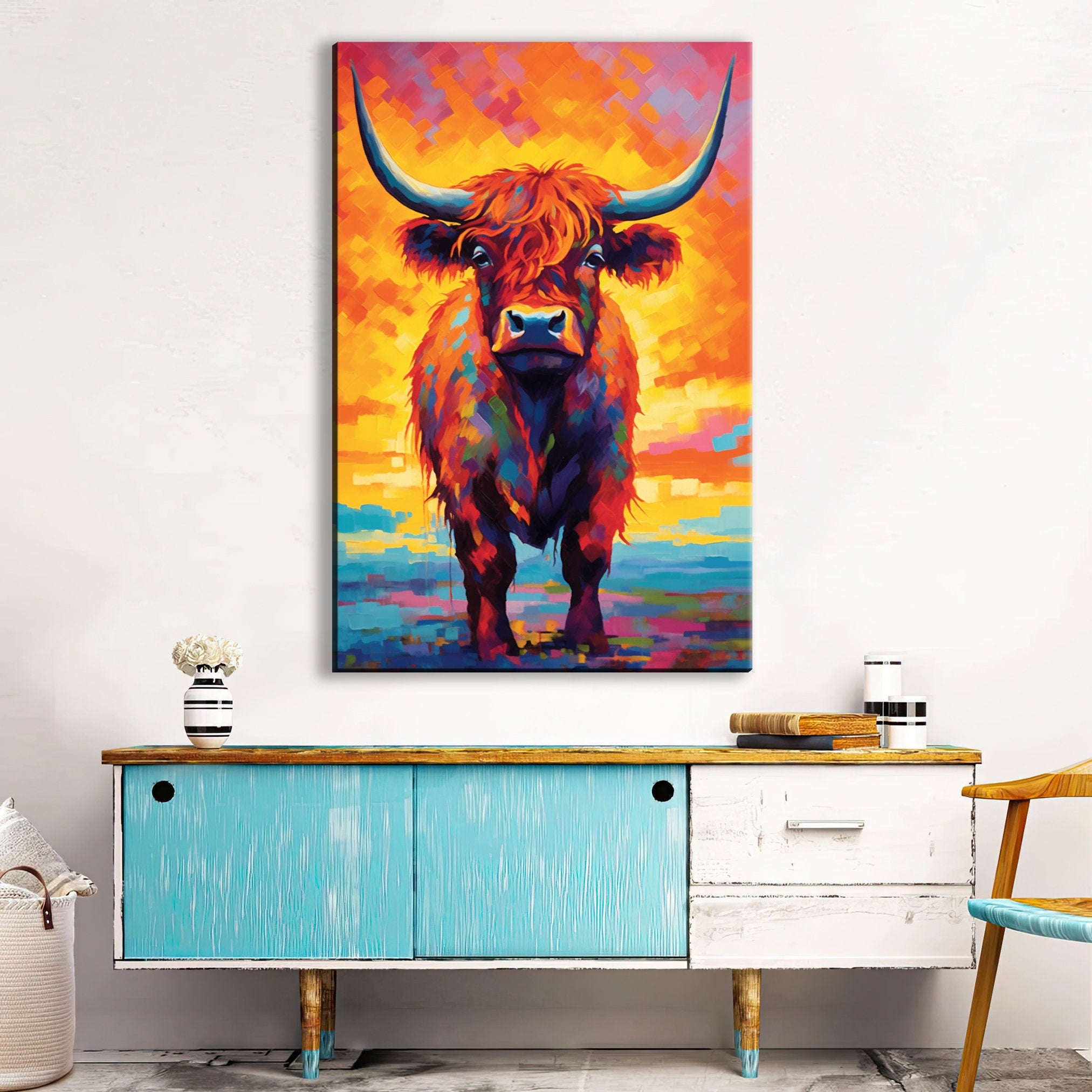 Highland Cow Canvas – Large Farmhouse Wall Art | Rustic Scottish Decor