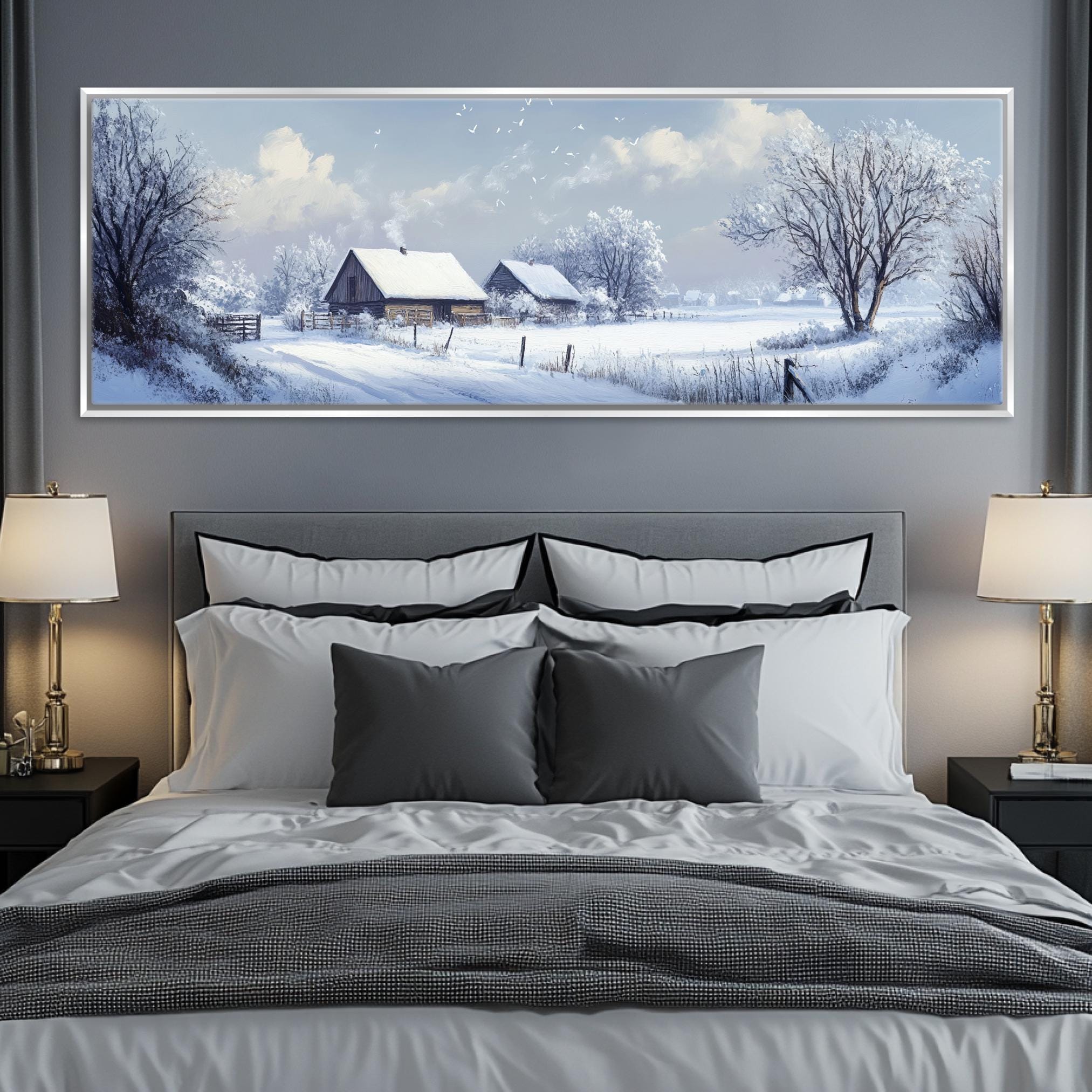 a bedroom with a large painting on the wall above the bed
