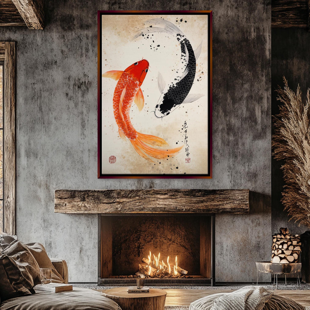 a living room with a fire place and a painting on the wall