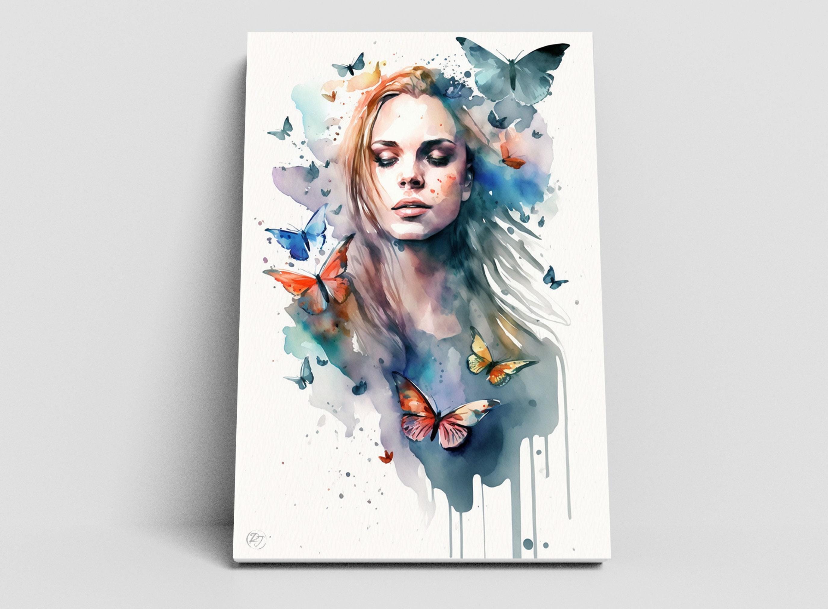 Dreamlike Elegance: Woman with Butterflies Watercolor Painting, Giclee Canvas, Artist and Watercolor Paper, Available in Extra Large Sizes