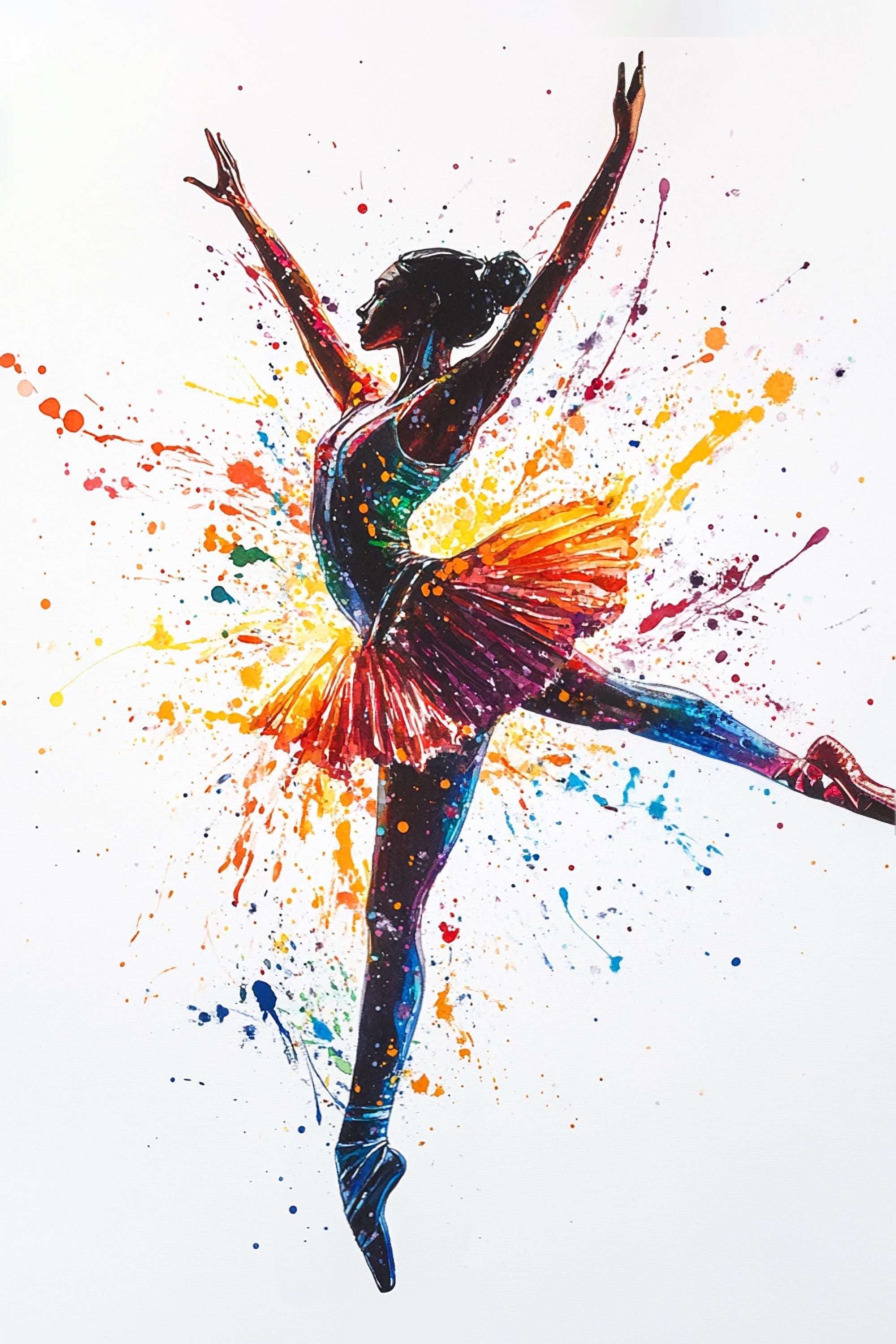 A colorful, abstract painting depicting a female ballet dancer in a dynamic pose, surrounded by splashes of vibrant paint.