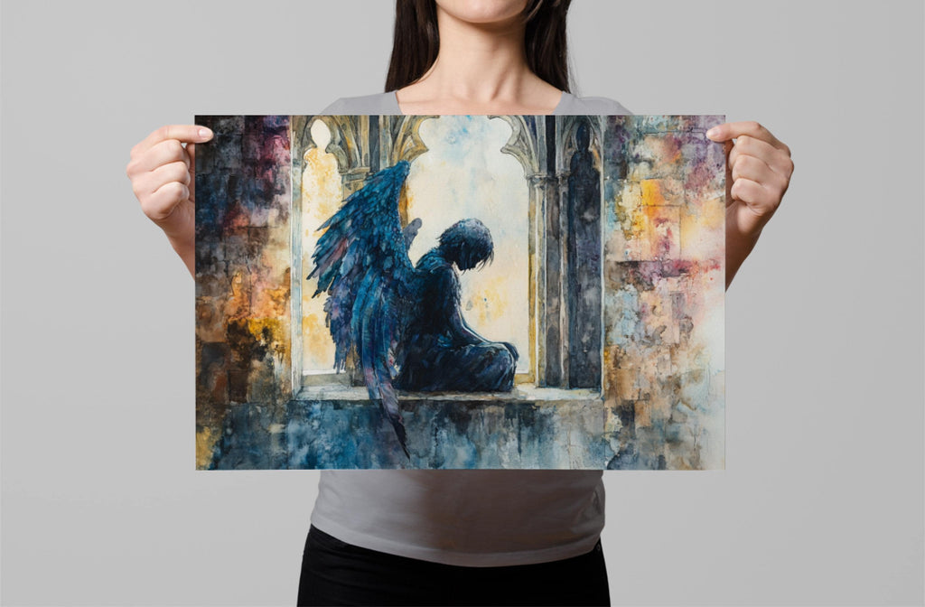A woman holds up a framed painting depicting a dark, winged figure sitting in a window frame.