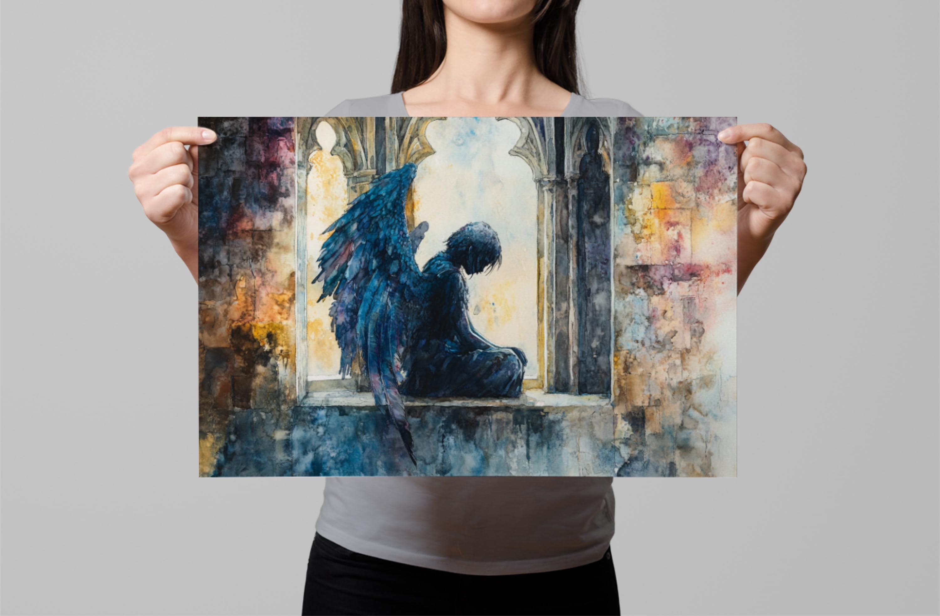 A woman holds up a framed painting depicting a dark, winged figure sitting in a window frame.