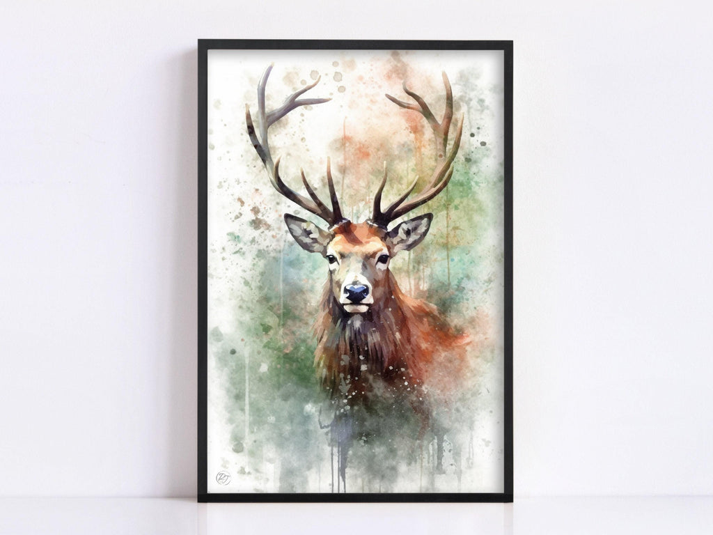 Elegant Reindeer Watercolor - Rustic Holiday Wall Art, Print on Canvas, Artist Paper, Watercolor Paper, Available in Extra Large Sizes