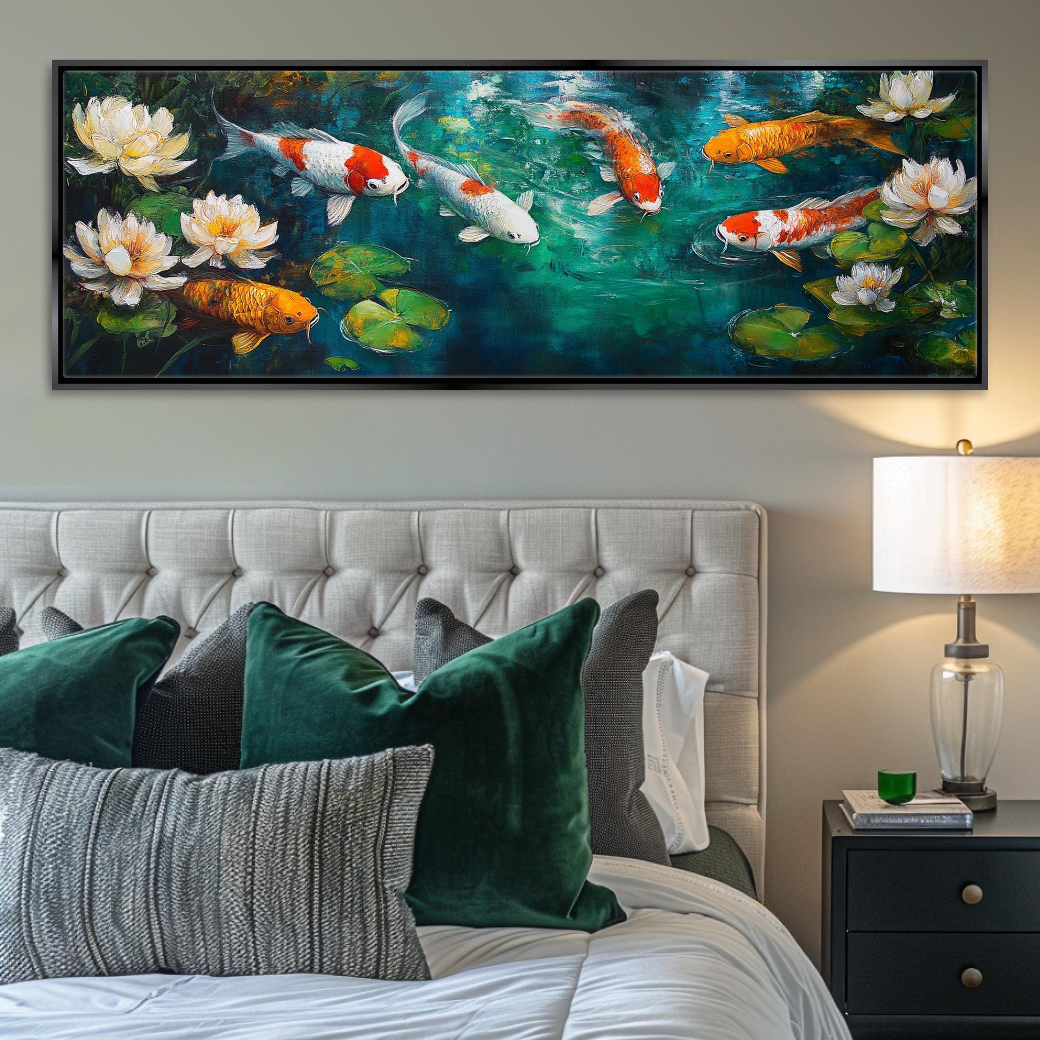 a bed with pillows and a painting on the wall above it
