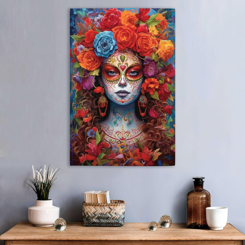 Sugar Skull Wall Art – Floral Skull Canvas Featuring Vibrant Mexican Remembrance Painting