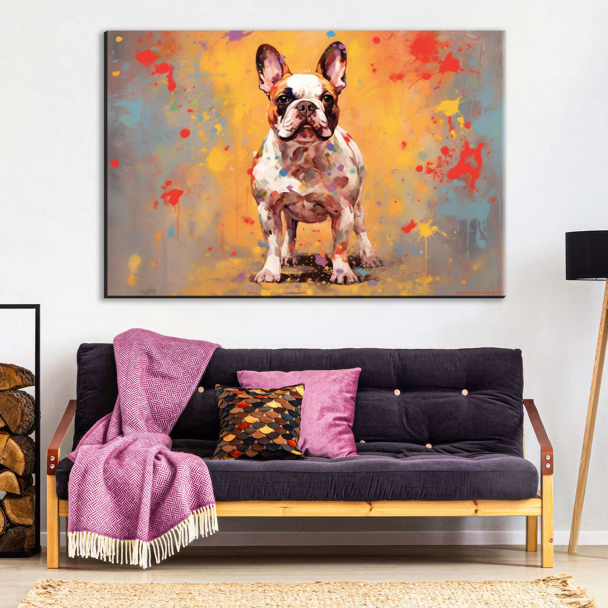 French Bulldog Painting - Gallery Wrapped Canvas Wall Art | Colorful Bulldog Portrait