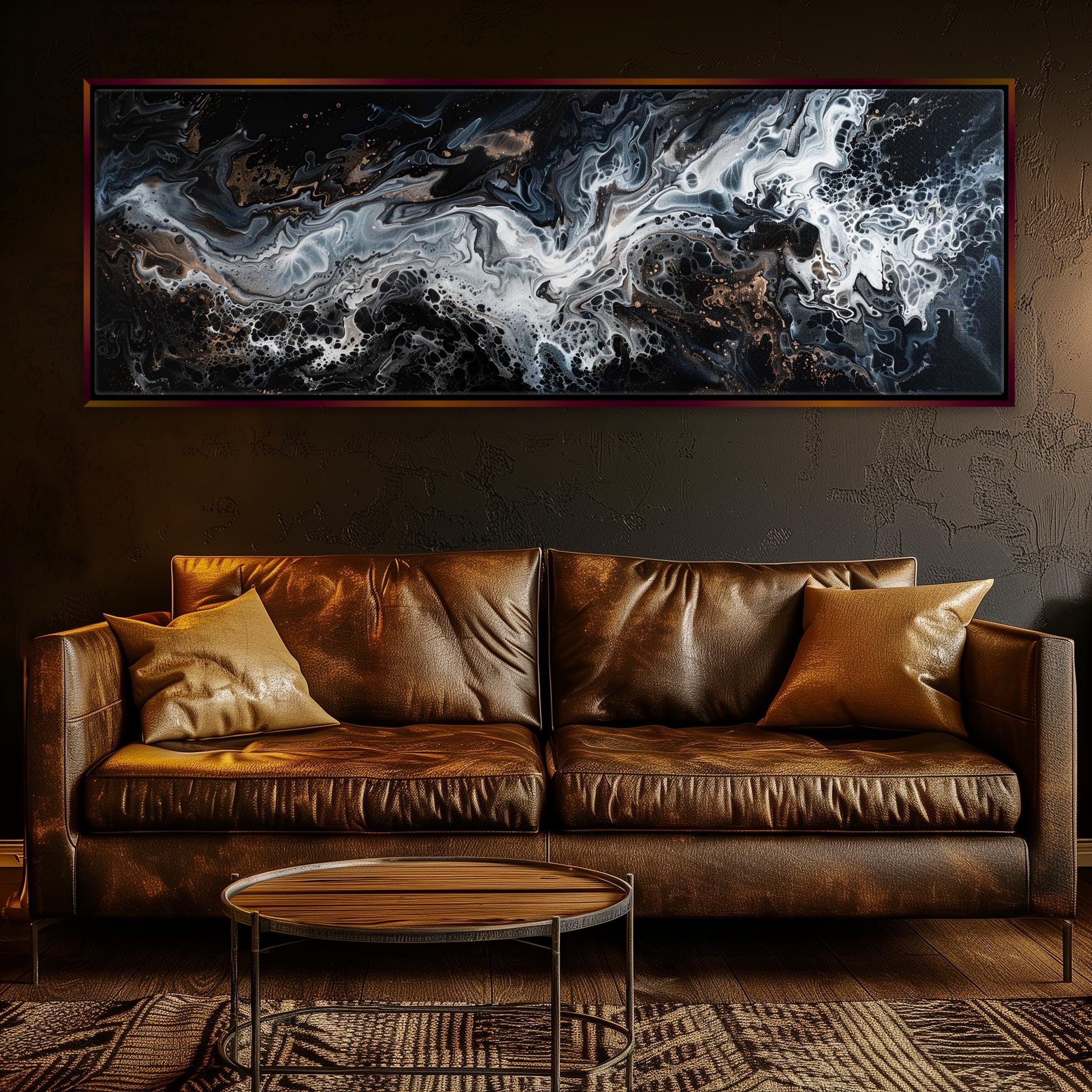 a living room with a couch and a painting on the wall