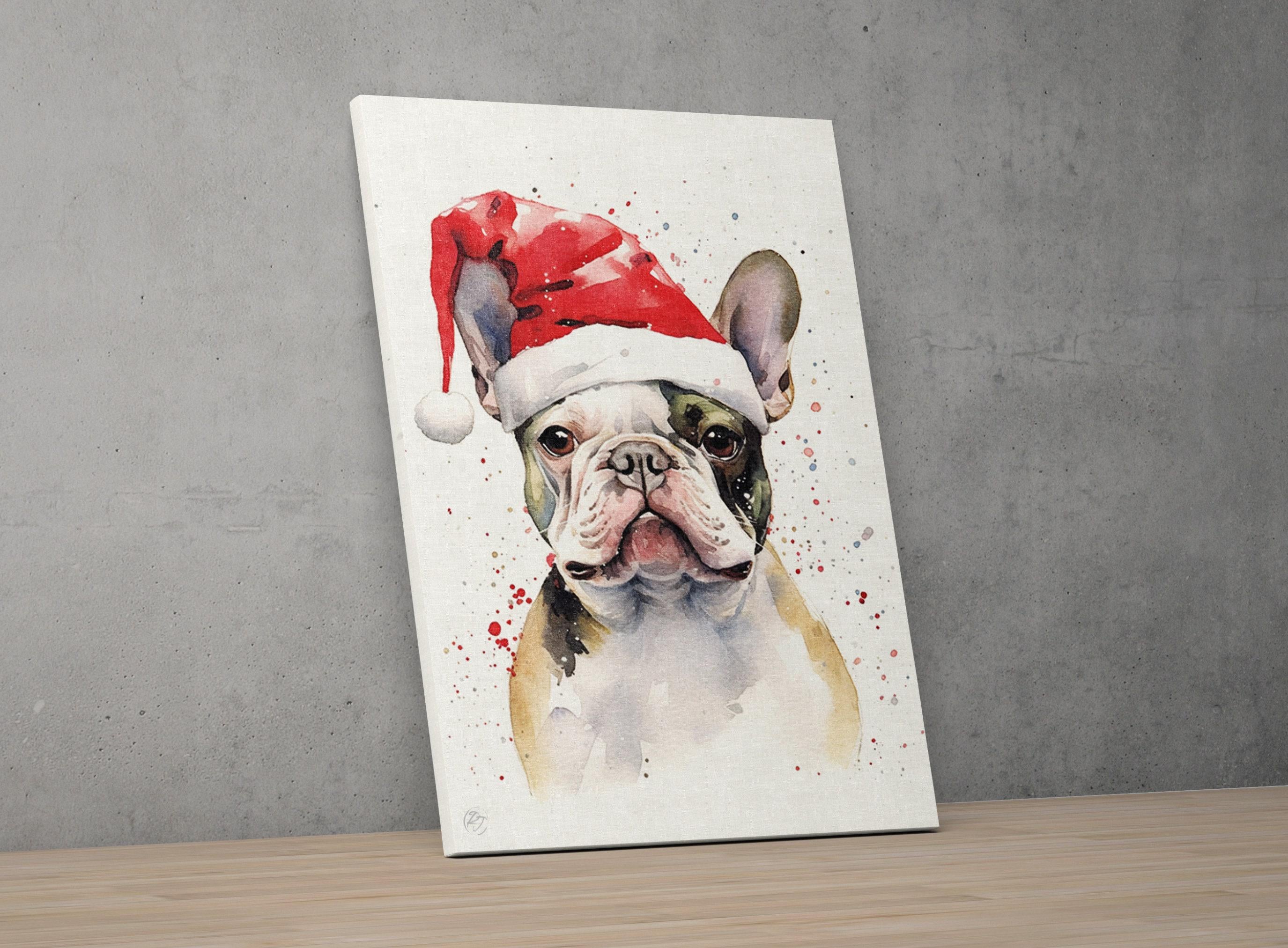 Holiday Frenchie - Watercolor French Bulldog with Santa Hat, Print on Canvas, Artist Paper, Watercolor Paper, Available in Extra Large Sizes