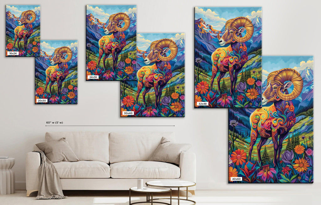 Bighorn Sheep Canvas – Vibrant Wildlife Painting on Gallery Wrapped Large Canvas Print