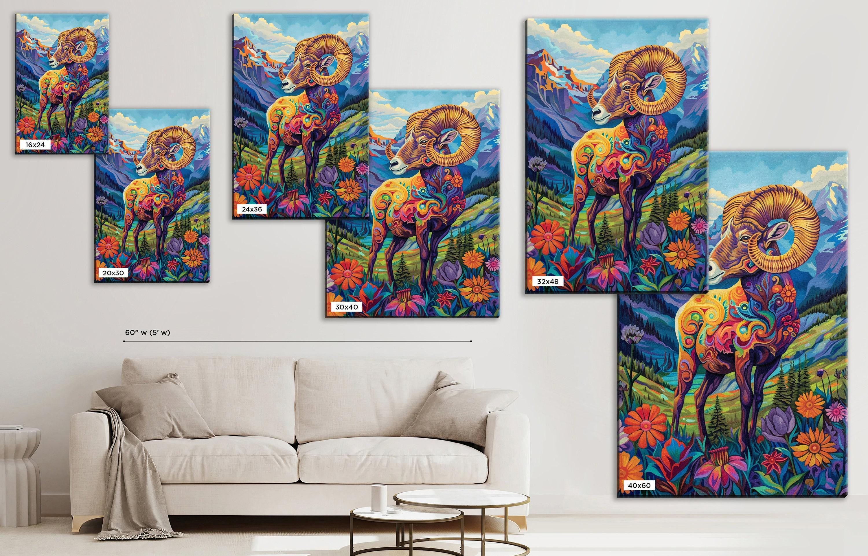 Bighorn Sheep Canvas – Vibrant Wildlife Painting on Gallery Wrapped Large Canvas Print